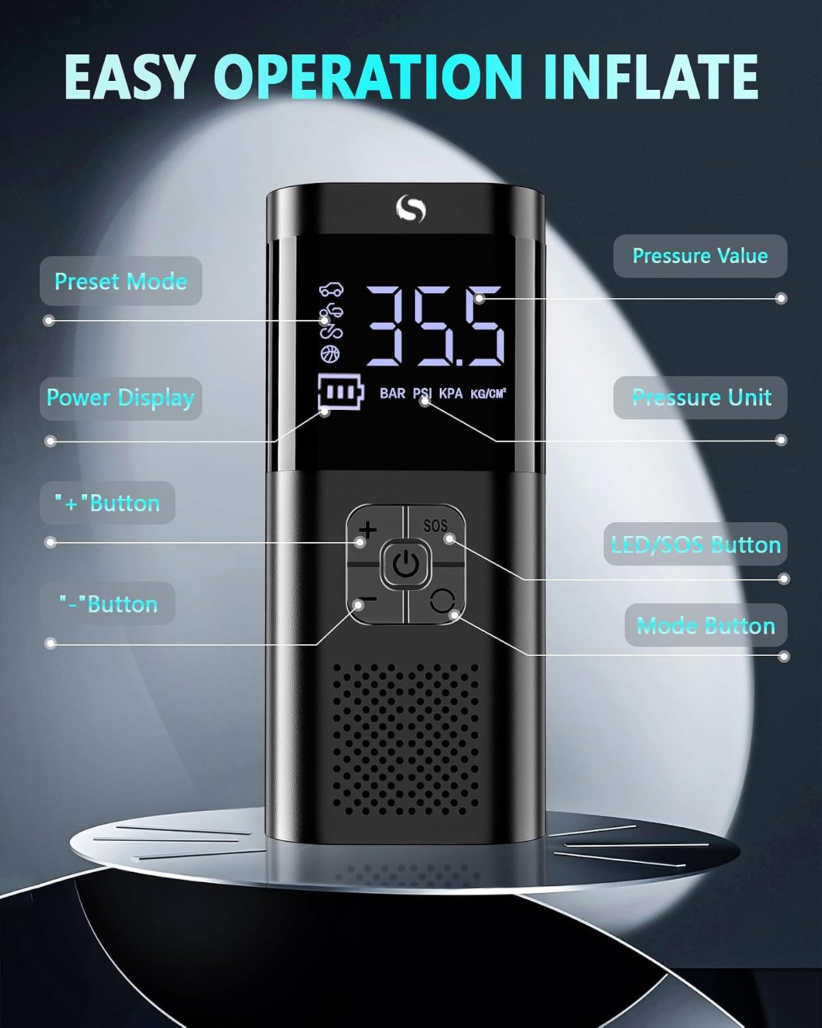 Tire Inflator Portable Air Compressor, Cordless Tire Inflator | Air Compressor with LED Light for Car, Motorcycle, Bicycle and Ball, 150PSI Air Tire Pump with Gauge