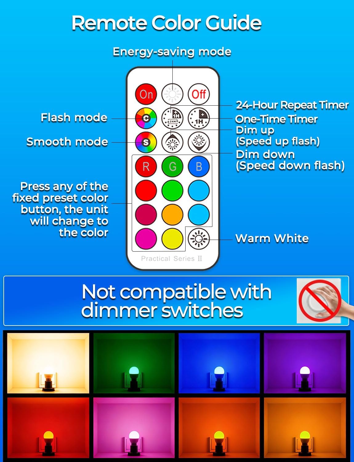 ILC RGB LED Light Bulb, Color Changing Light Bulb, 40W Equivalent, 450LM, 2700K Warm White 5W E26 Screw Base RGBW, A15 Colored Light Bulbs - 12 Color Choices - Timing Infrared Remote Control (4 Pack)