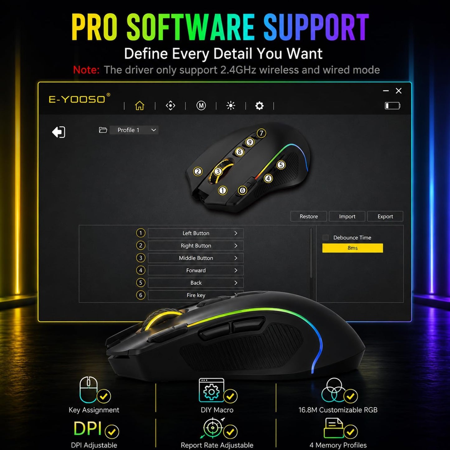 E-YOOSO Ergonomic Wireless Gaming Mouse, Tri-Mode, Rapid Fire Key, 8000 DPI | 9 programmable buttons, 6 RGB modes, 75-hour battery, contoured thumb rest, 1000Hz polling, for right-handed gaming and work