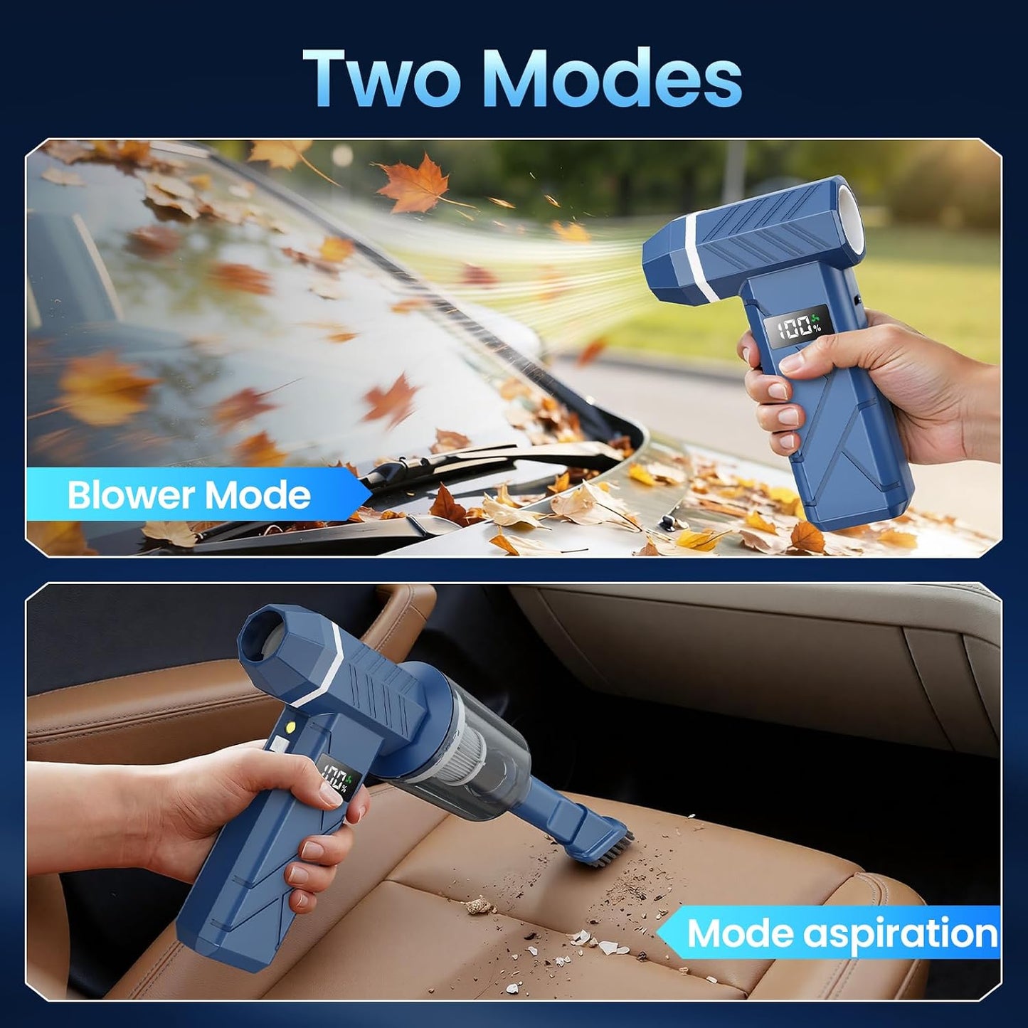 Dzaki Compressed Air Duster & Vacuum 2-in-1, 140000RPM Electric Air Duster, 4-Gear Adjustable Rechargeable Cordless Dust Blower with LED Light Fast Charging for Keyboard PC Car Home Outdoor-Navy