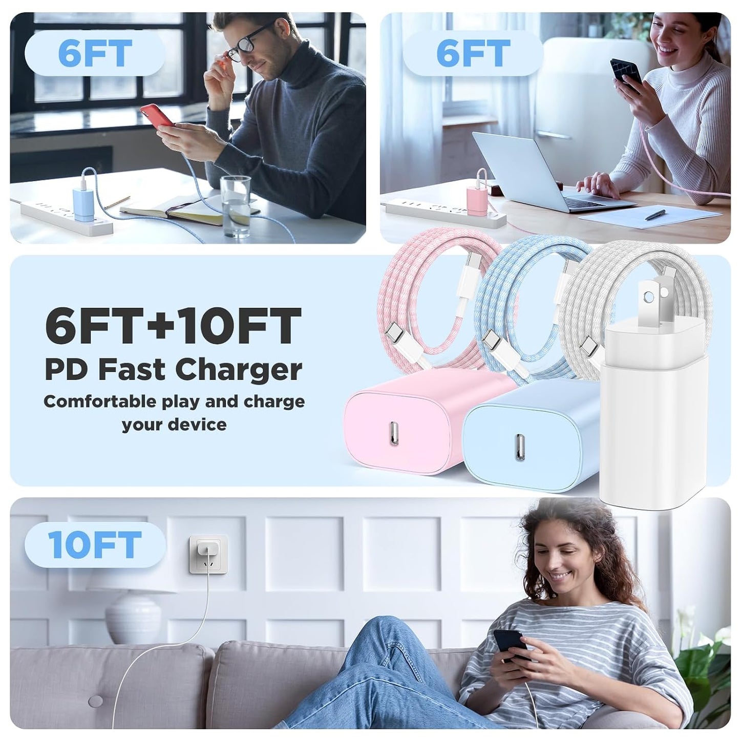 Hzevn 25W USB C Super Fast Charging Charger for Samsung Galaxy Phone, 3Pack Quick Charger Block with Braided Long USB C to C Cables (6/6/10ft) for Samsung Galaxy S25/S24/Plus/Ultra, Android/iPhone 17