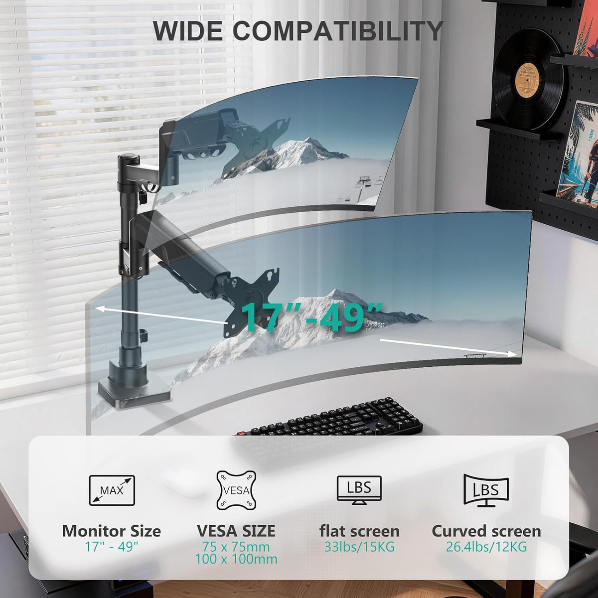 WALI Vertical Dual Monitor Mount for 17-49 inch Curved Screens, up to 33lbs