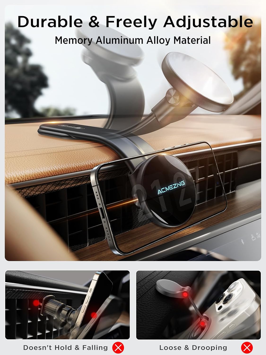 ACMEZING 15W Only for iPhone MagSafe Car Mount Charger, 360% Adjustable | Aluminum Alloy Arm, Relocatable Car Phone Holder, Magnetic Wireless Fast Charging, Cell Phone Holder for All Cars, Black