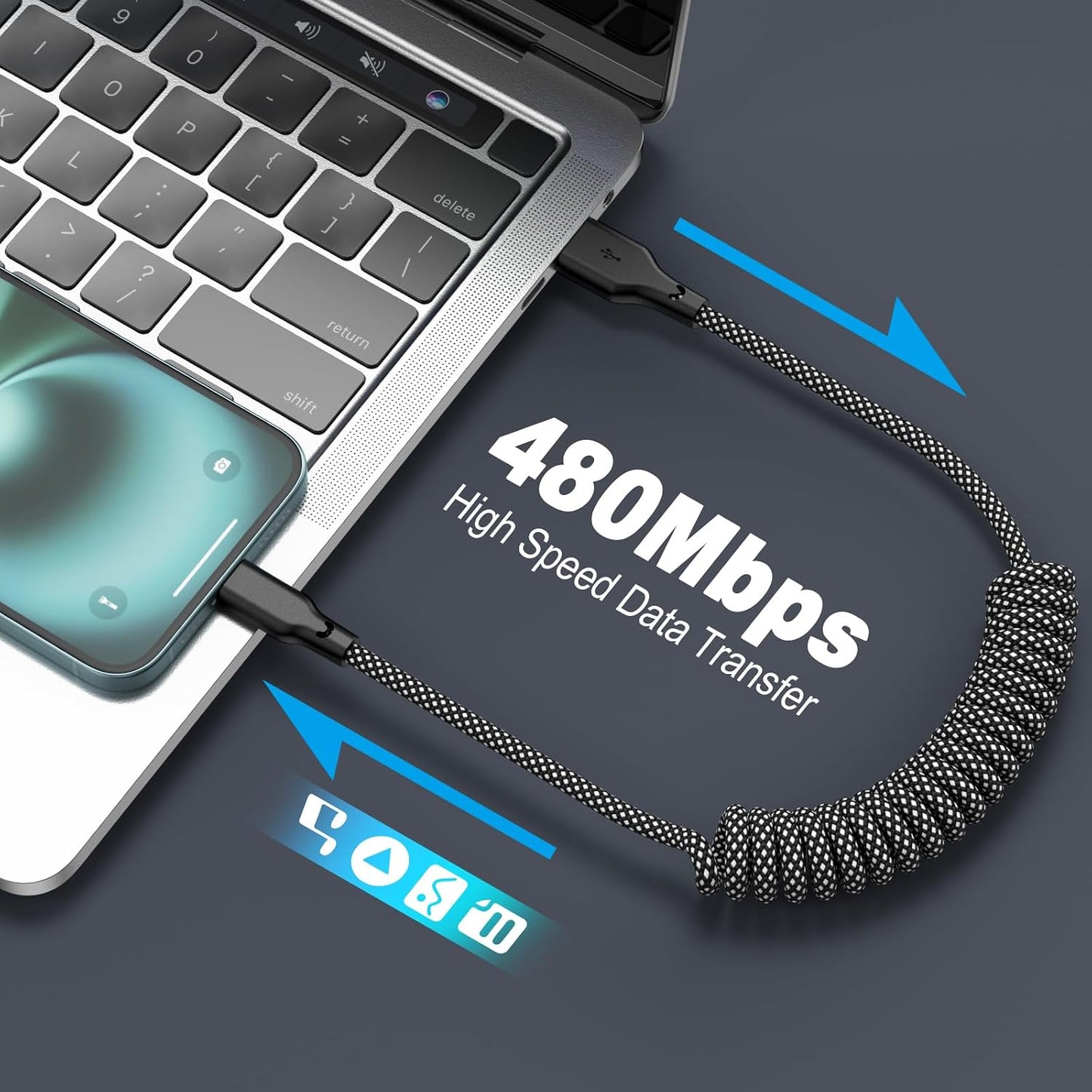 Coiled Carplay Car Charger Fast Charging, USB A to USB C Cable 2 Pack | Type C Charger Cord for iPhone 17/17 Air/16/15/Plus/Pro Max/Samsung/Android, Retractable Braided Nylon, 3ft, Grey
