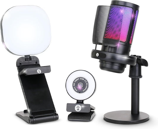 Webcam Streaming Kit with USB RGB Microphone & LED Light – 1080P 30FPS Streaming Camera Bundle for Twitch, YouTube, Podcasting, WFH – PC & Mac Compatible (Not for PS5 Alone)