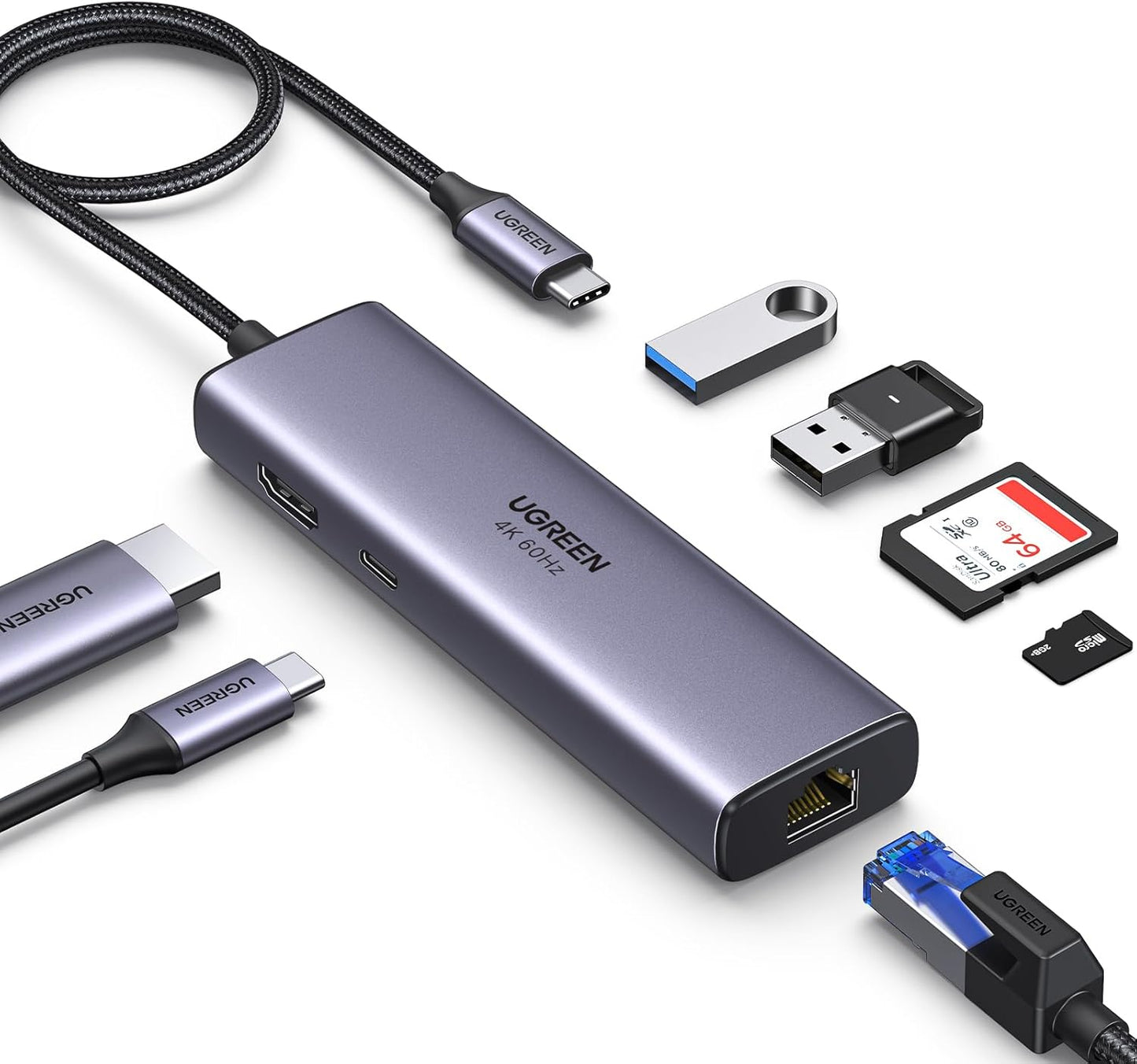 UGREEN Revodok 7 in 1 USB C Hub Gigabit Ethernet Adapter 4K@60Hz HDMI | 100W PD Charging, USB A Data Ports, SD/TF Card Reader Compatible with MacBook Neo/Pro/Air, iPad, Steam Deck
