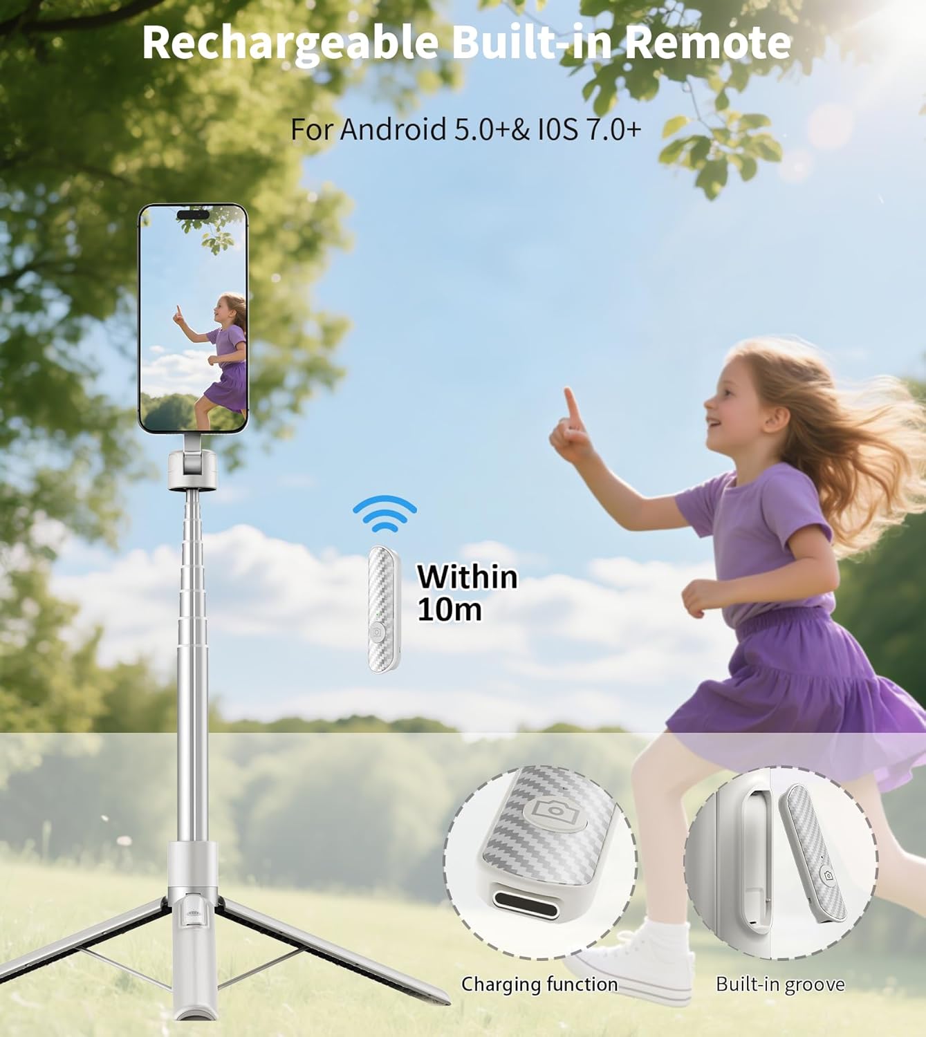 TONEOF 68" Magnetic Aluminum Phone Tripod Selfie Stick for iPhone & Android | Rechargeable Remote,360° Rotatable Foldable Cell Phone Stand Holder with Metal Ring,Travel Tripod for Magsafe (Beige Gray)