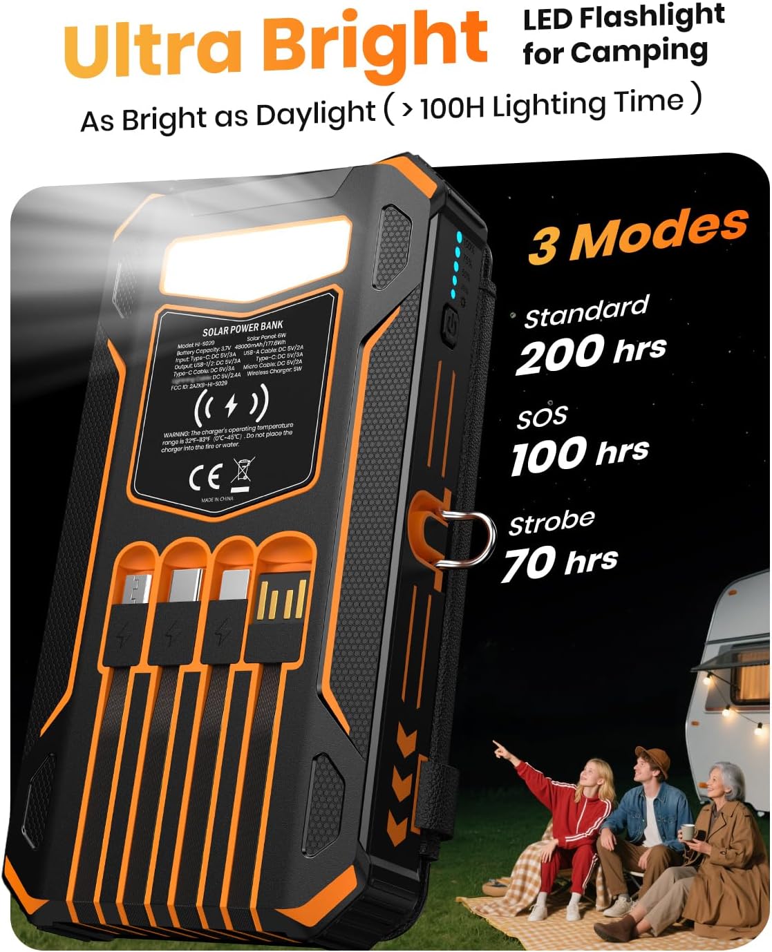 SOARAISE Solar Power Bank 48000mAh Wireless Portable Charger with 4 Cables | Solar Charger with 4 Solar Panels, 48000mAh High Capacity, PD QC 3.0 Fast Charging Battery Pack, Flashlights for Camping