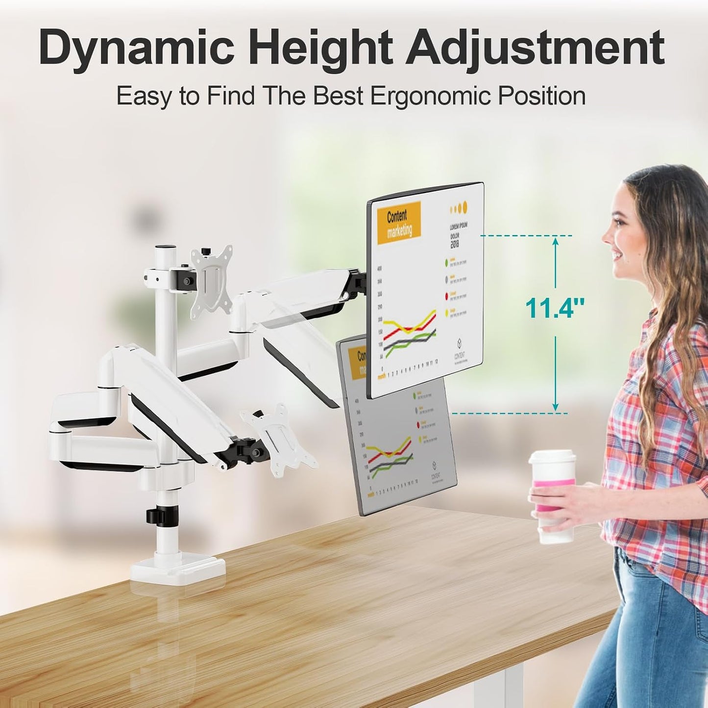 MOUNT PRO Triple Monitor Mount, 3 Monitor Desk Mount for Three Screens up to 32 Inch, Full Motion Gas Spring Heavy Duty Arm Hold up to 19.8lbs Each, White