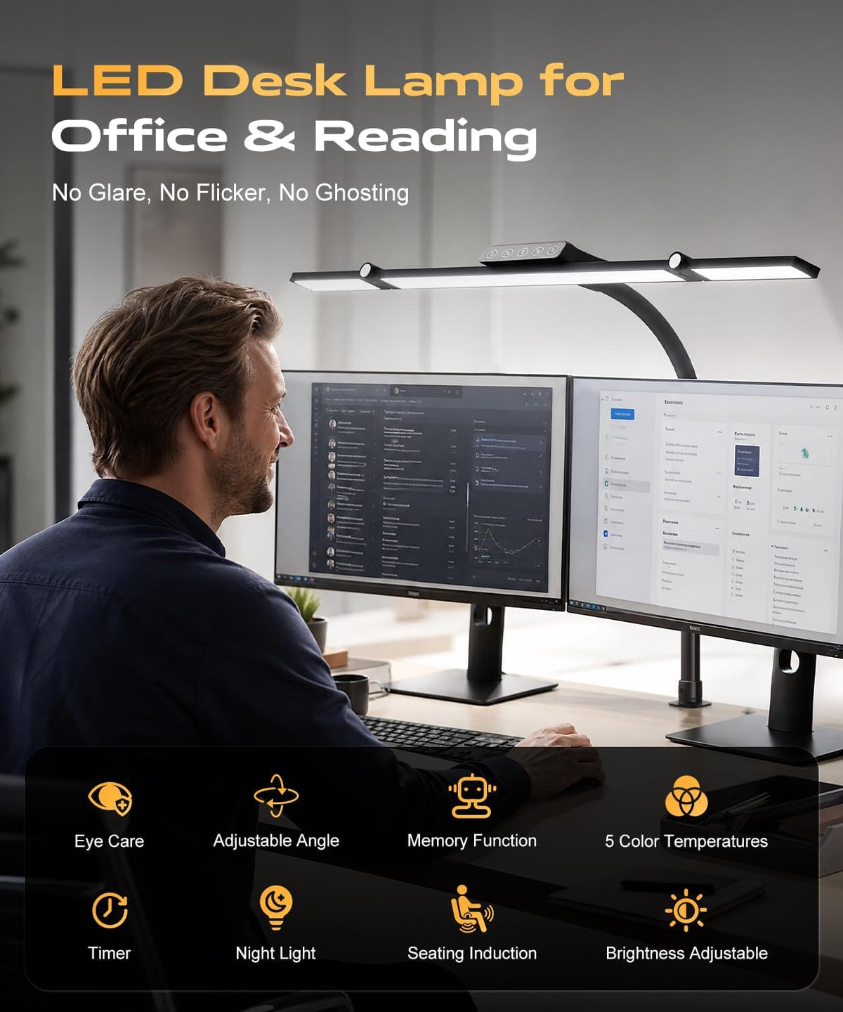 LED Desk Lamps for Home Office, Desk Light with Remote & Touch Control, Motion Sensor Auto On/Off,Stepless Dimming, 5CCT, Eye-Caring Desk Lamp with Clamp for Reading,Study,Dual Monitors,Black