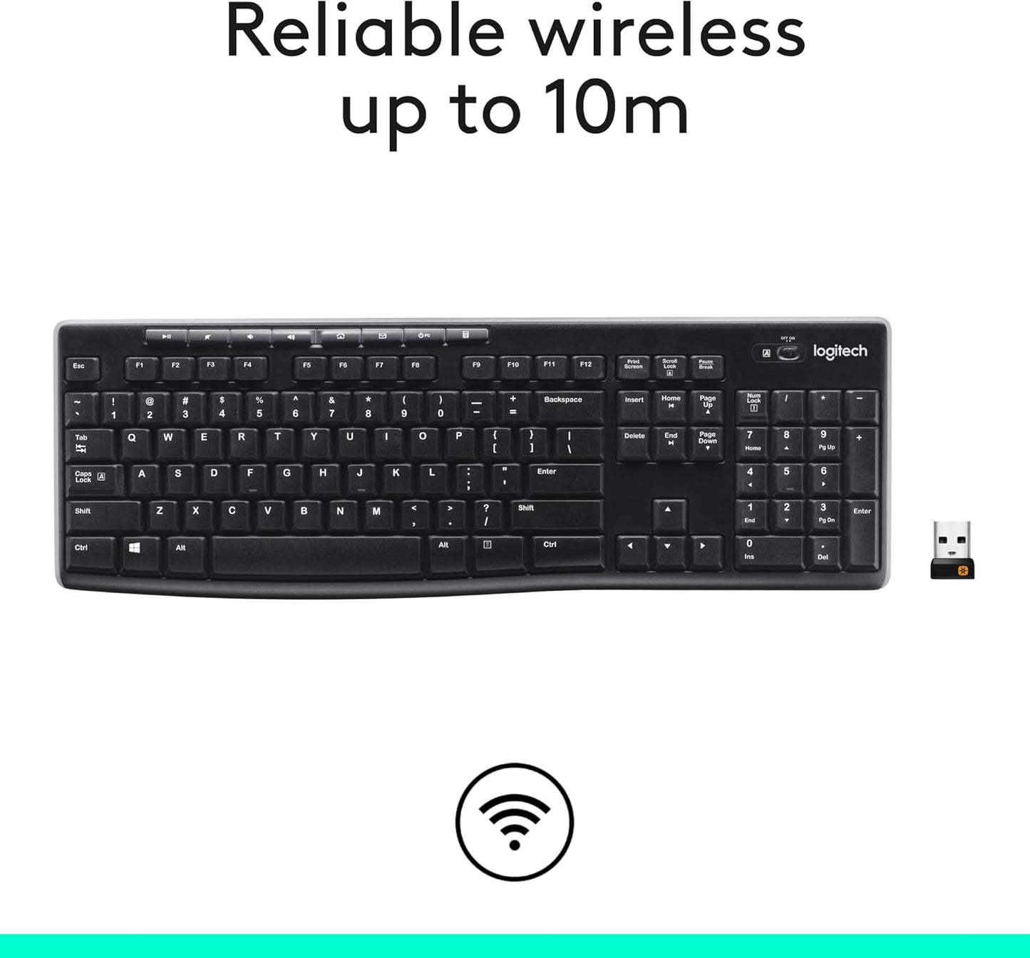 Logitech K270 Full Size Wireless Keyboard for Windows - Black | Full-size keyboard with number pad, 8 multimedia keys, includes USB-A receiver, 2-year battery, compatible with PC, laptop