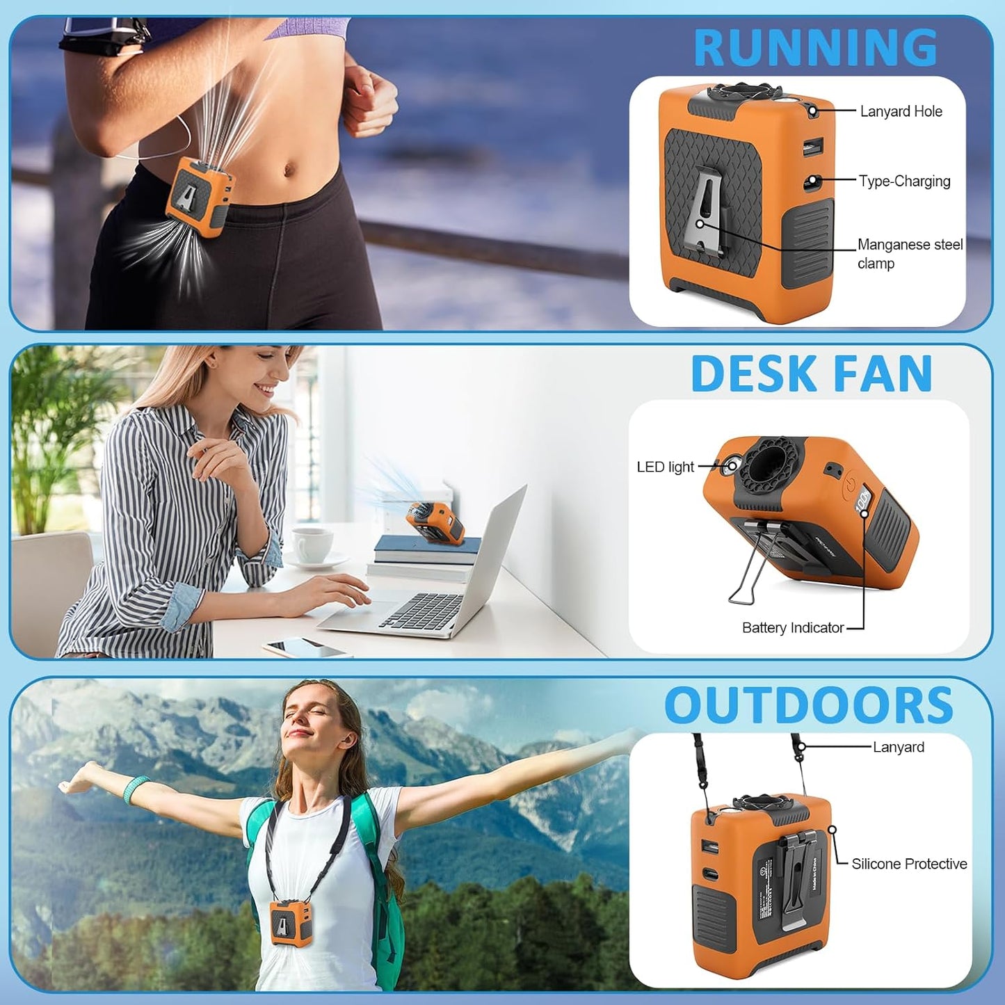FANSYJKJ Portable Waist Fan Cooling Body Clip Belt Shirt Fans for Outdoor | 10000mAh Rechargeable Personal Fan with 5 Speed Max 55H Runtime Low Noise Shirt Fans with Flashlight for Travel Camping