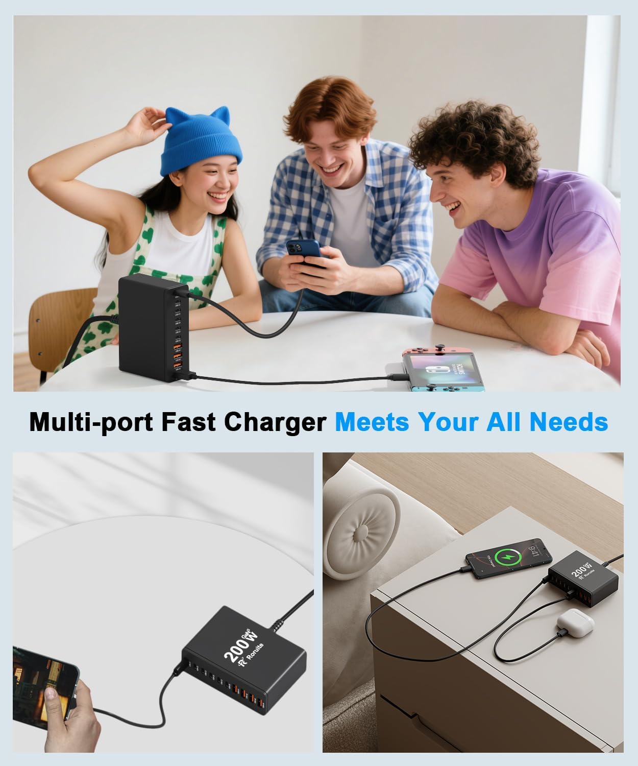 USB C Charging Station 10 Port with 4 Cables,200W GaN Type C Charger Block | Wall Charger Power Strip Adapter Plug for iPad iPhone17 16 15 14 13 12 Pro Max Pixel Note Galaxy Black
