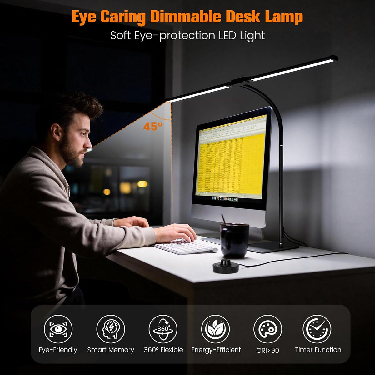 Desk Lamp for Home Office,Adjustable Double Head Desk Light with Base Black