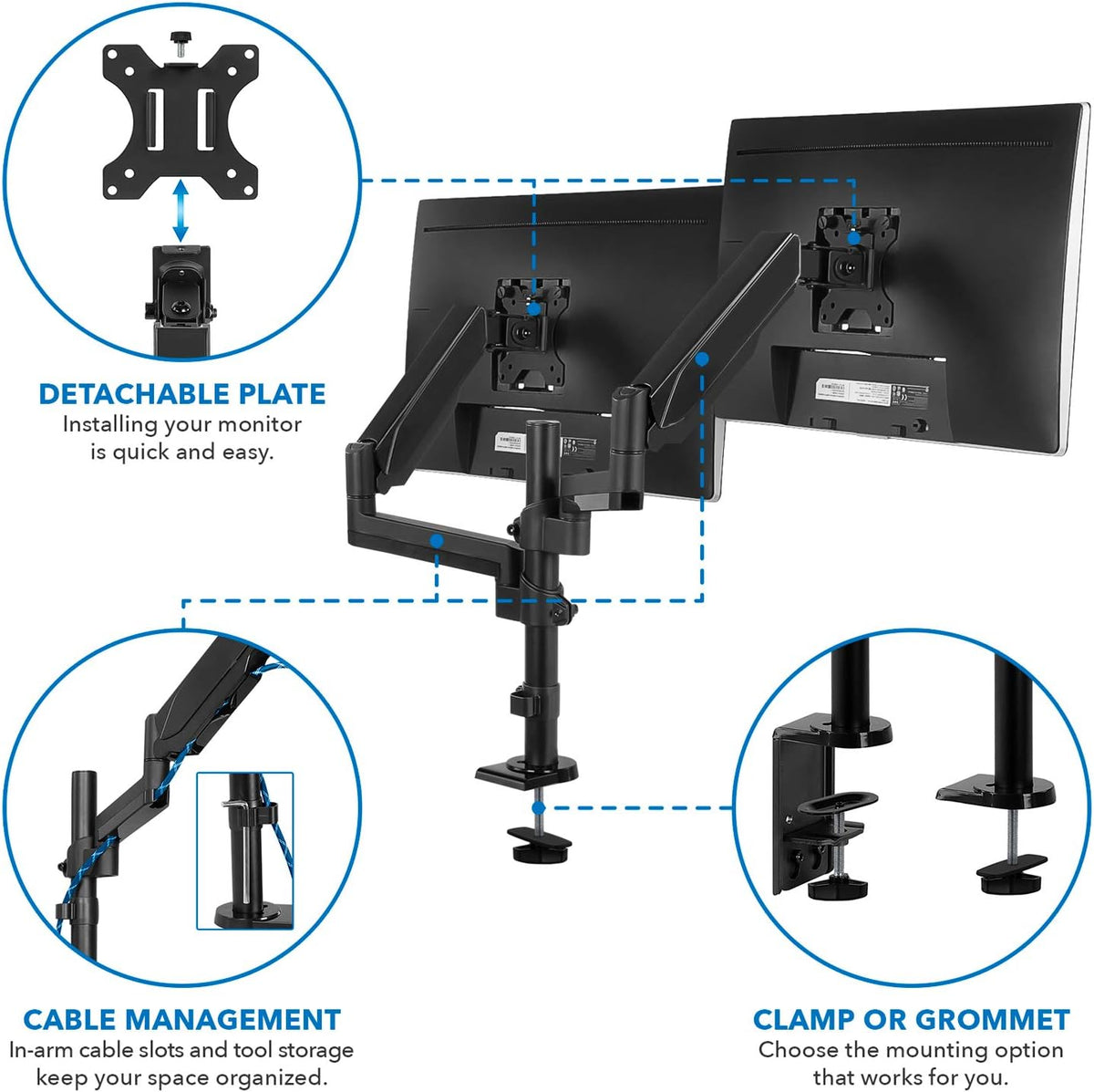Mount-It! Dual Monitor Arm Desk Mount for 17–32" Screens, Gas Spring Adjustable Monitor Stand, Vertical Stack or Side-by-Side Setup, 17.6 lbs Each Arm, VESA 75x75 100x100, Clamp & Grommet Base MI-4762