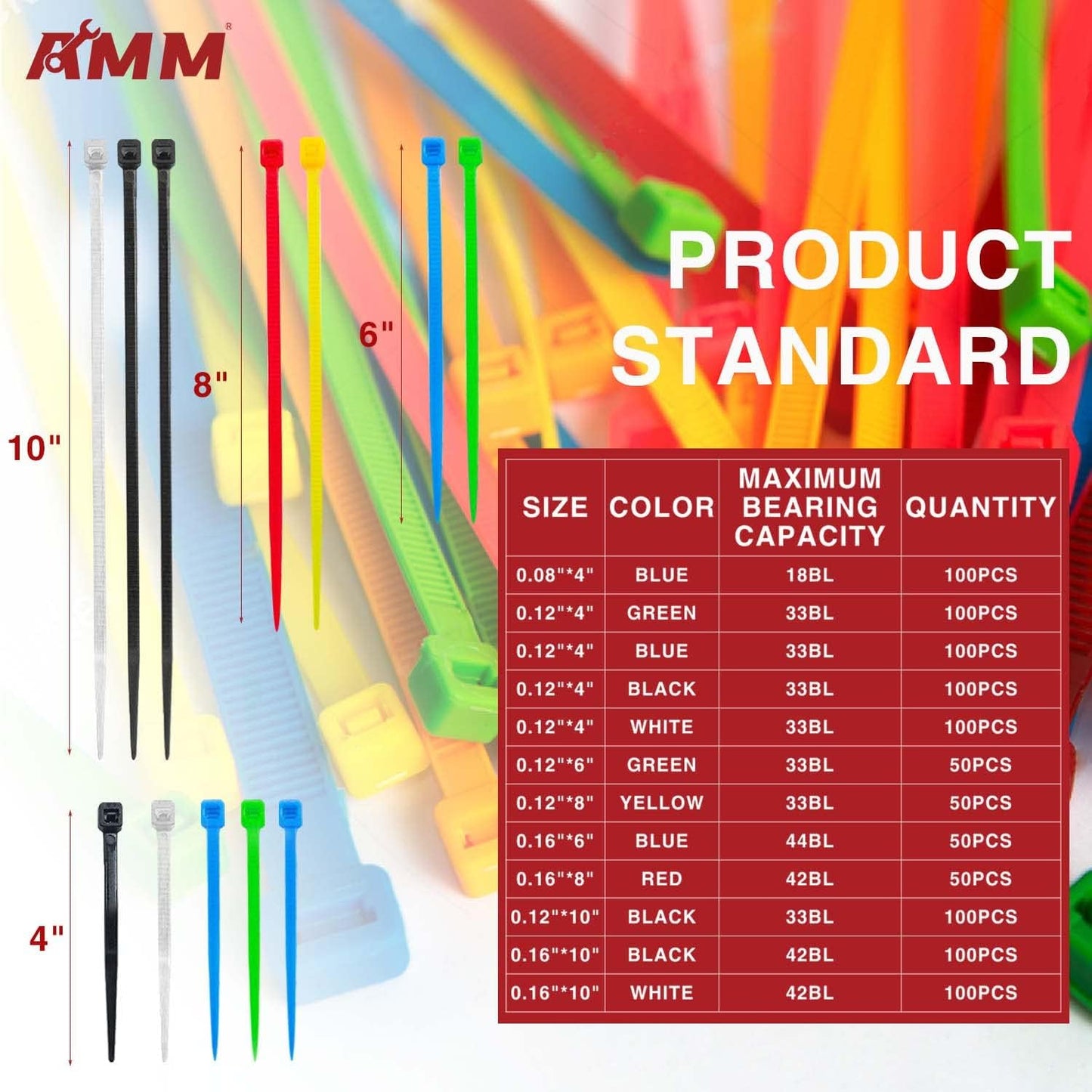 AMM Cable Zip Ties，1000 Pack colored zip ties Assorted Sizes 4, 6, 8 and 10 inches with a plastic storage jar，Multi-Purpose Self-Locking Nylon Cable Ties Cord Management Ties,Wire Ties for Home,Office