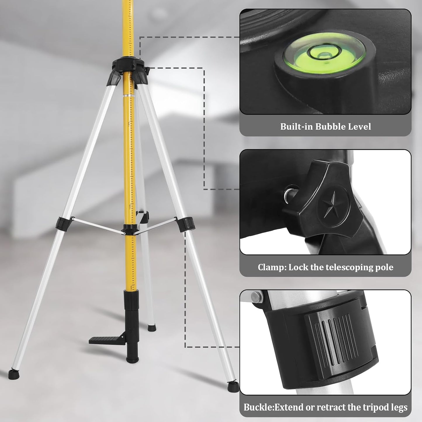 Telescoping Laser Level Pole with Tripod, 12Ft./3.7M Laser Level Tripod | Include 1/4-Inch by 20-Inch Mount for Rotary and Line Laser Level, Laser Stand with 5/8"-11 Threaded Adapter