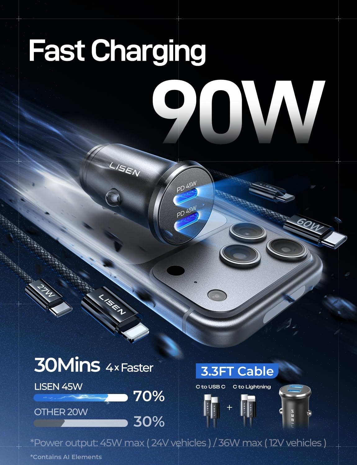 LISEN 90W Car Charger USB C Fast Charge,USB C Car Charger,Type C for iPhone | [with Lightning & USB-C Cable] Fast Car Charger for iPhone 17 Pro Max 16 15 14 13 12 11, Type C for Samsung S26 S25 S24