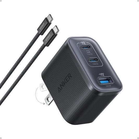 Anker Nano 70W Max 3-Port Fast Charger USB C, Type C Charger Fast Charging | Compact and Stylish USB C Charger Block, for iPhone 17/17 Pro Max/16 Series, MacBook Pro, iPad (Black, Cable Included)