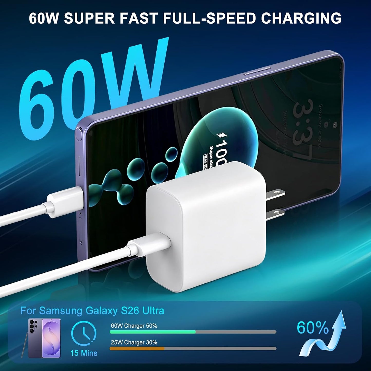 60W Super Fast USB C Charger for Samsung,2Pack TypeC Android Phone PD Wall Charger Block,10FT Chargers Fast Charging USB-C Cord Compatible with Galaxy S26 Ultra/S26+/S26/S25 Ultra/S25+/S25/S24/S23/S22