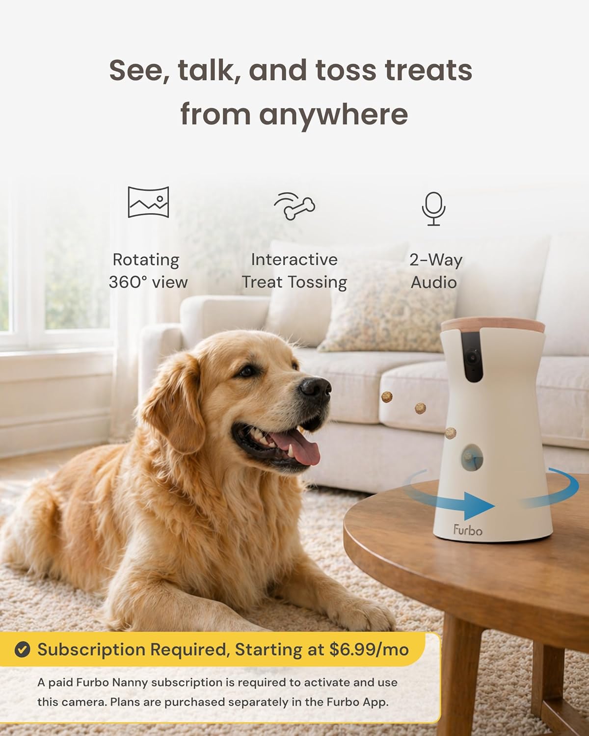 Furbo 360° Dog Camera [Paid Plan Required to Activate] | Stay connected with AI Dog & Home Safety Alerts, Treat Toss, Auto-Tracking, Video History, 2-Way Audio (Subscription 3mo min)