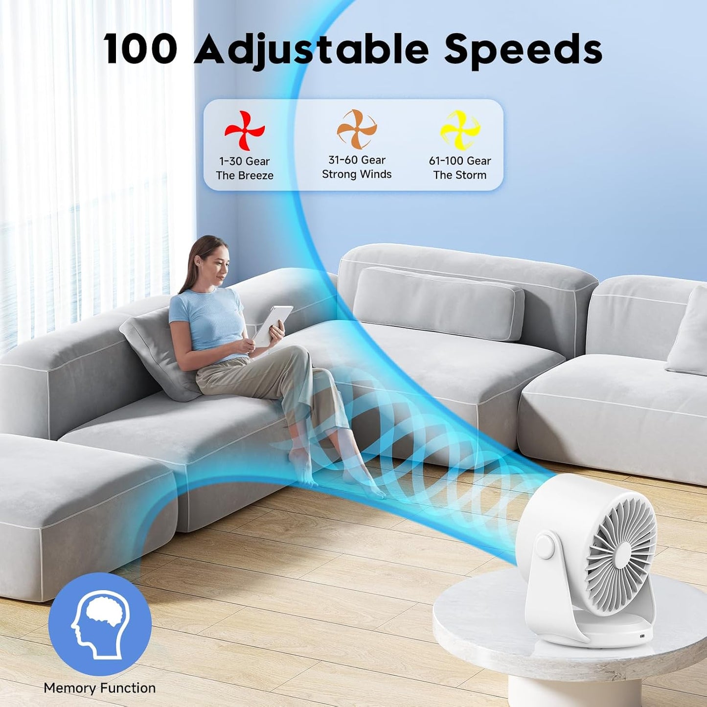 YOSHENMO Desk Fan, Turbo Table Fan for Bedroom, 100-Speed Digital Display, Low Noise, 105° Adjustable Tilt, 7.5-inch, Rechargeable Battery, Wall-Mouted Design for Home, Office, Travel Dark White