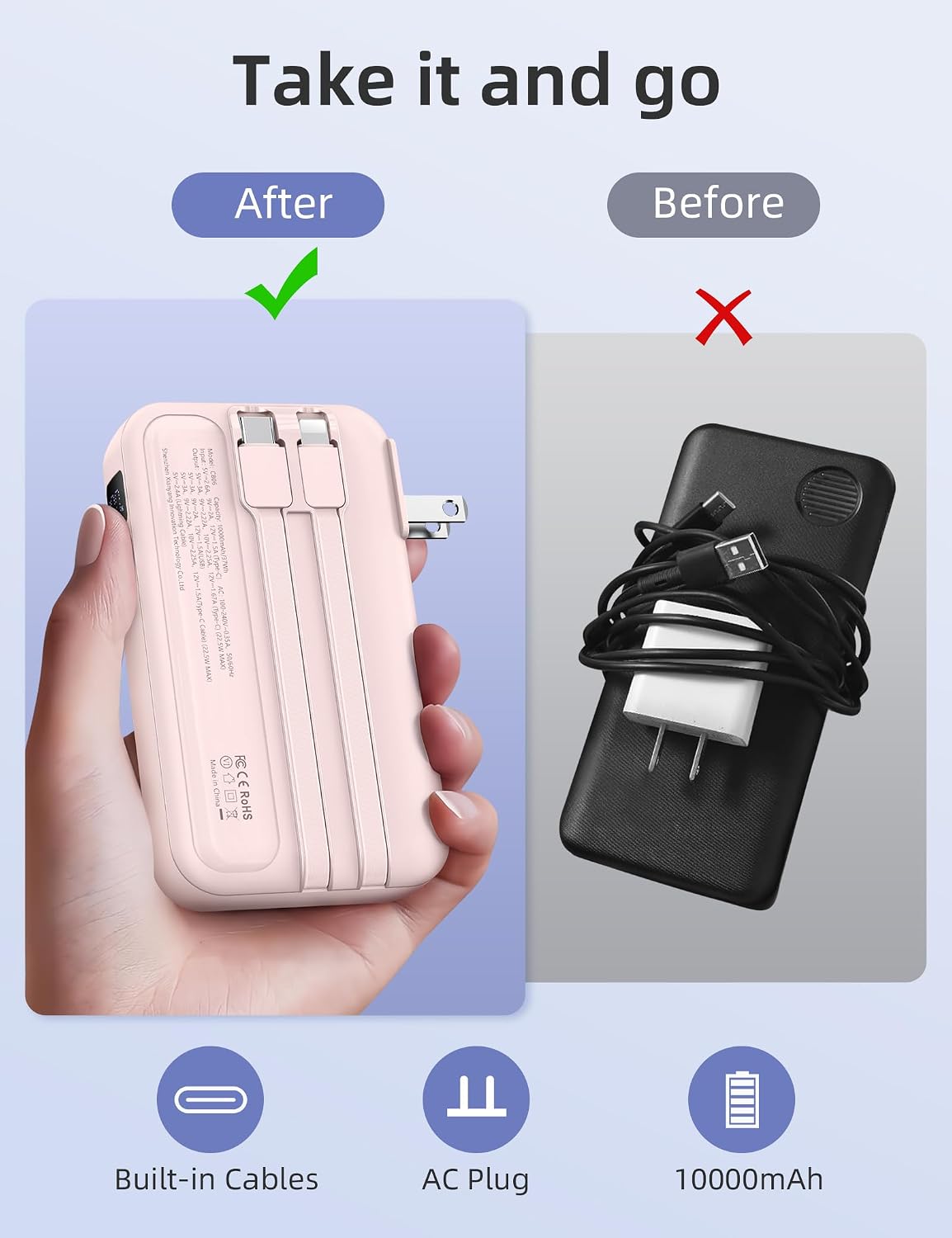 RORRY Portable Charger w/Wall Plug 10000mAh Power Bank 22.5W Battery Pack | Built in Cables, Fast Charging, for iPhone, iPad, Samsung Galaxy, Pixel, LG, Travel Essential, Digital Display, Pocket Size