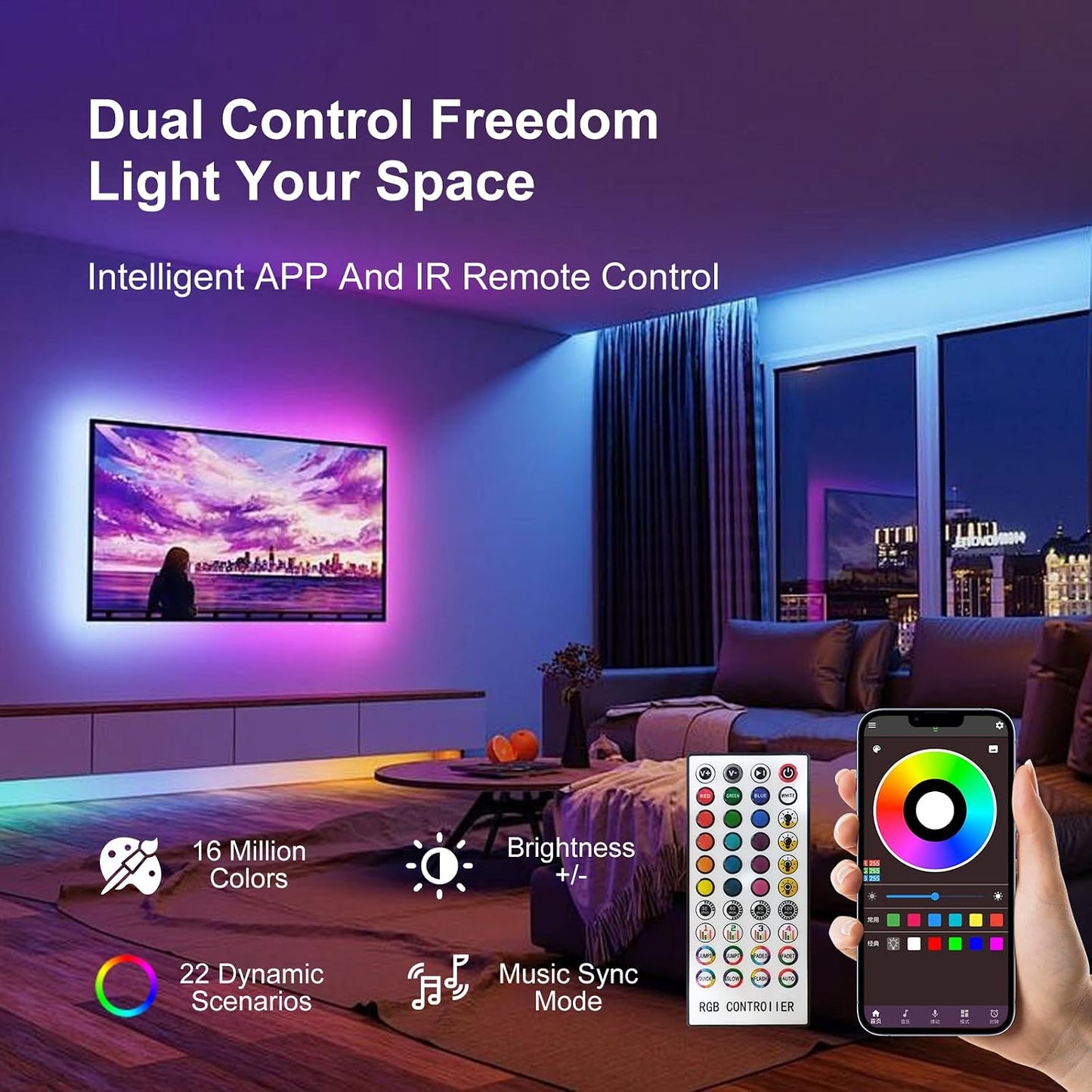 200 FT Led Lights for Bedroom (2 Rolls 100 FT), Music Synchronized Smart Led Strip Lights, Ultra Long with Remote Application Control Bluetooth LED Lights, Color Change RGB Light