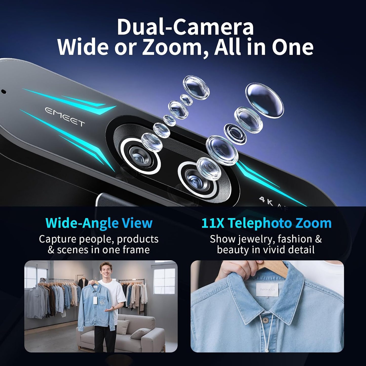 EMEET C60E Dual-Camera 4K Webcam for Streaming, Wide-Angle & Telephoto | Max 11X Hybrid Zoom & PDAF Autofocus, Remote Control, RGB Lighting, 2 Mics, Ideal for Livestreaming and Online Meeting