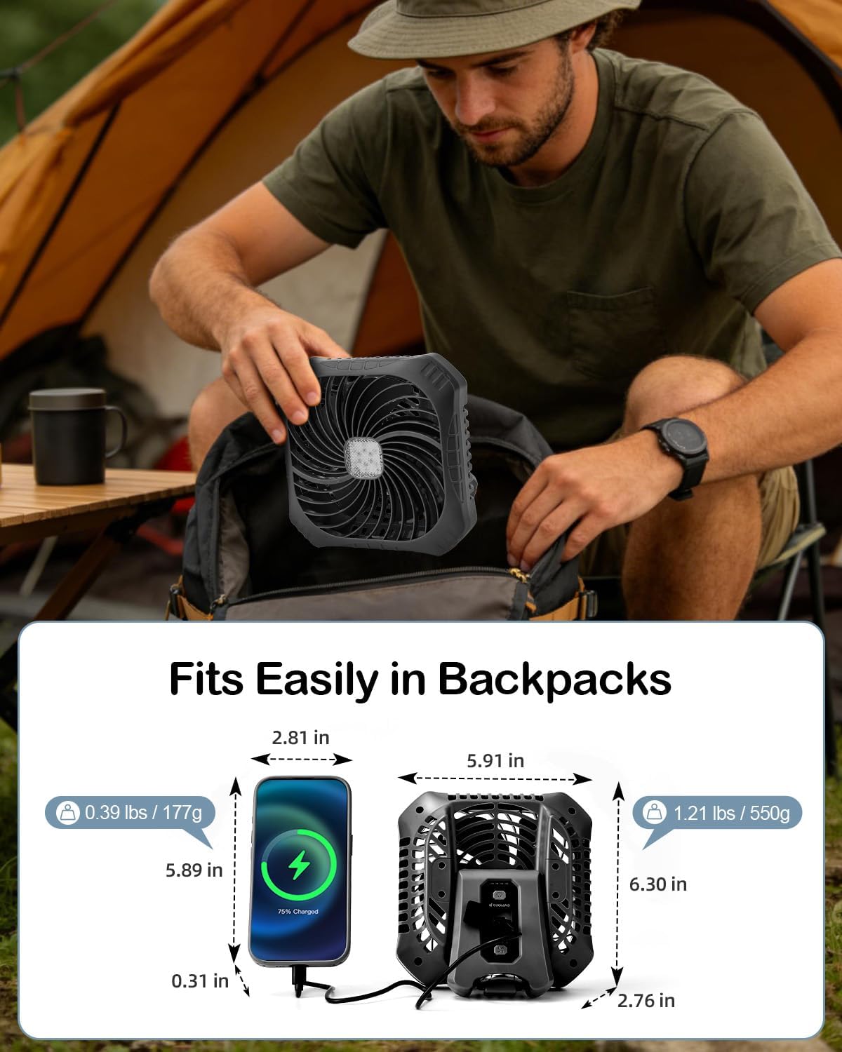 Odoland Portable Camping Fan with LED Lantern, 40H Rechargeable Battery Fan | Quiet Tent Fan with Hanging Hook for RV Car Beach Outdoor Hurricane Emergency Outages, 4-Speed Wind & 3-Color Light, Black