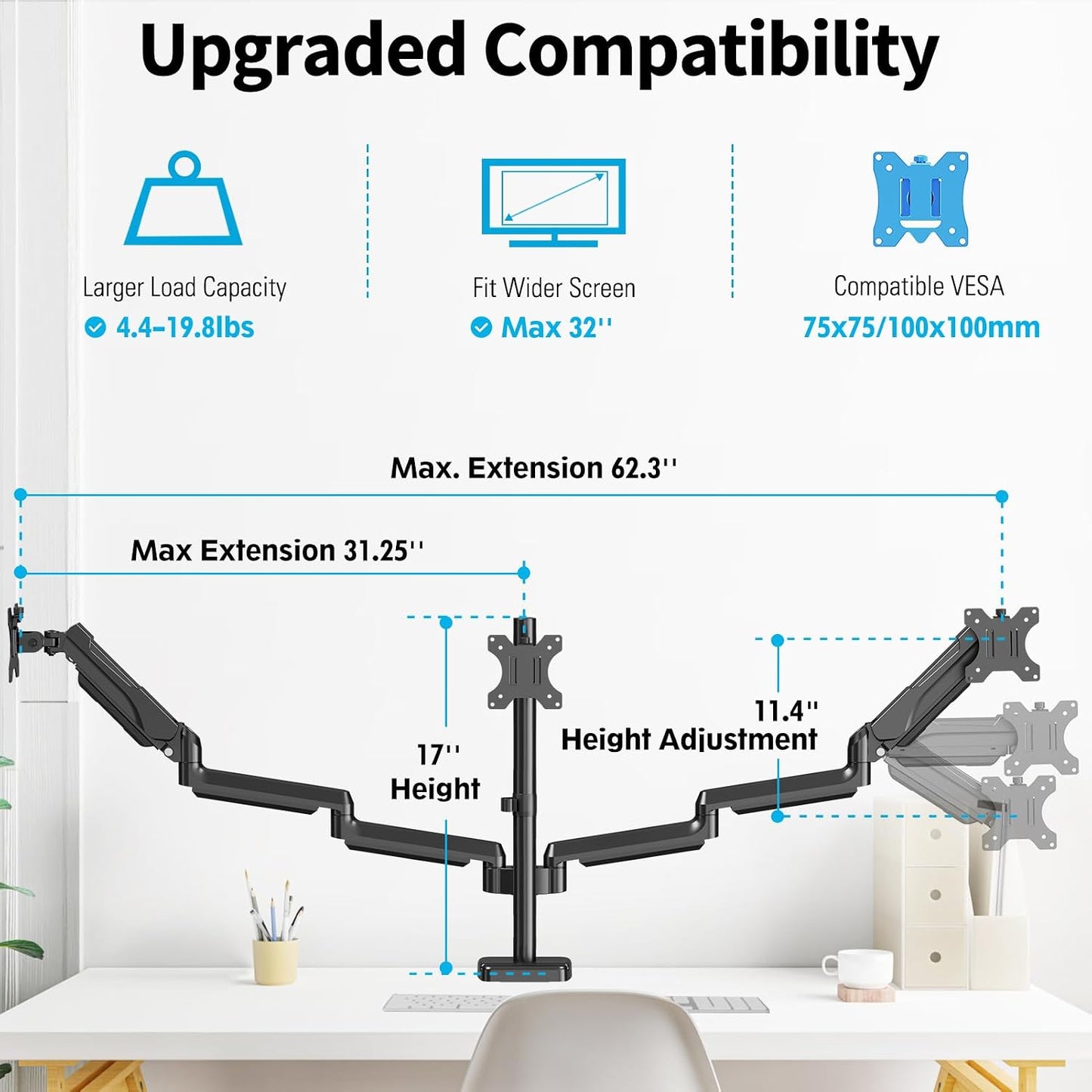 MOUNTUP Triple Monitor Mount for 17-32 inch Screens, Full Motion Triple Monitor Stand, 3 Monitors Desk Mount Holds 4.4-19.8 lbs Each, Clamp & Grommet Mounting, Black