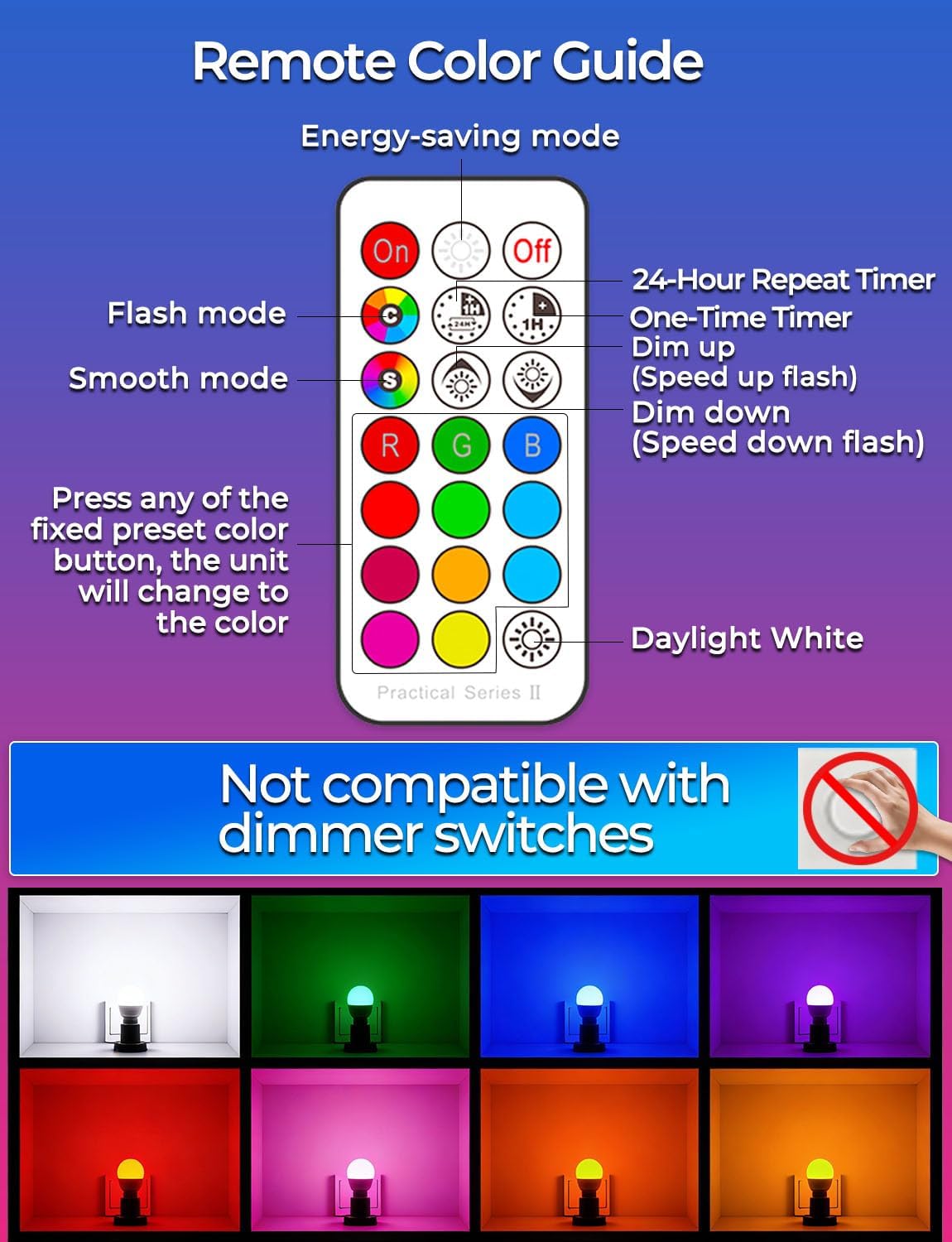 ILC Color Changing LED Light Bulb, A15 40W Equivalent, 5000K Daylight White, 450LM 5W E26 Screw Base RGBW, Mood Light Bulb - RGB 12 Color Choices - Timing Infrared Remote Control Included (4 Pack)
