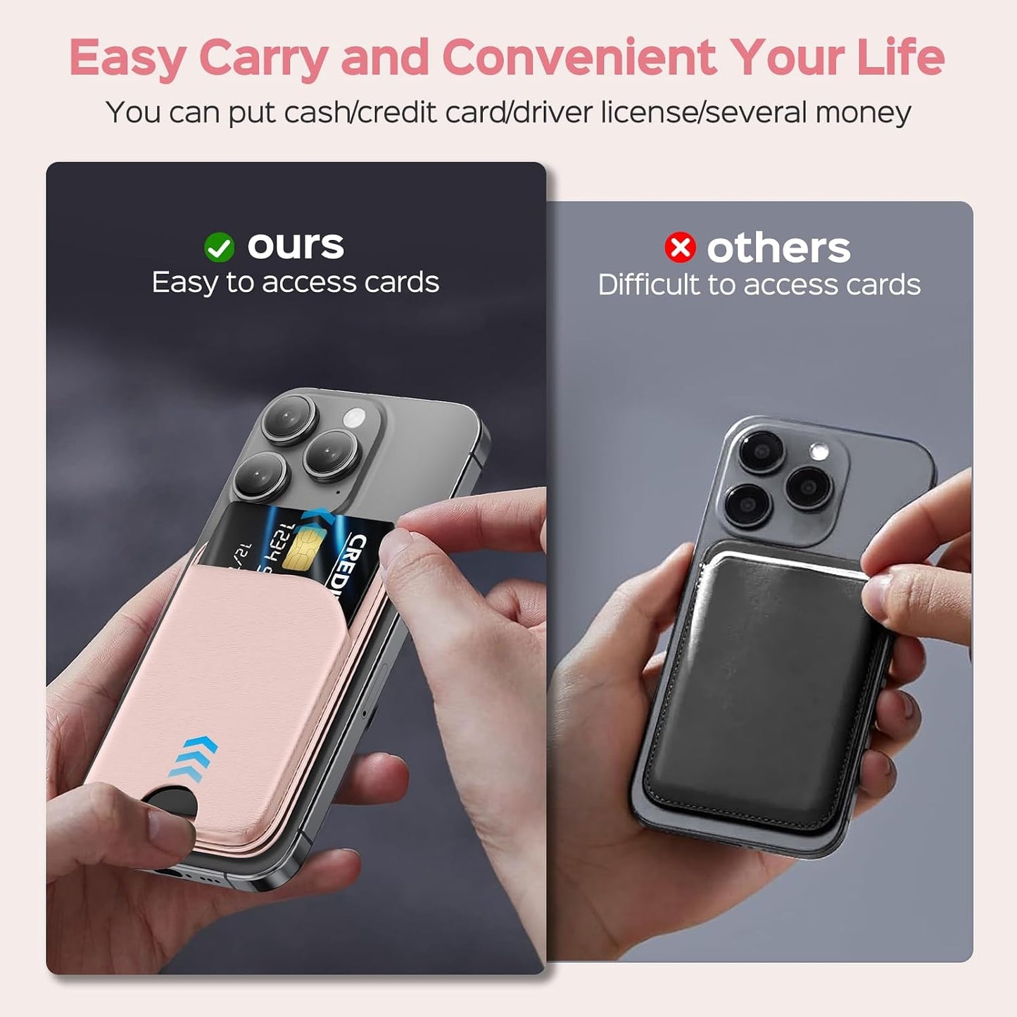 QYQBOON Mag-Safe Wallet for Women Strongest Magnetic Lightweight Phone Wallet Stand Adjustable Leather Card Holder for iPhone 17/16/15/14/13/12 Series, Not for iPhone 13/12 Mini (Pink)