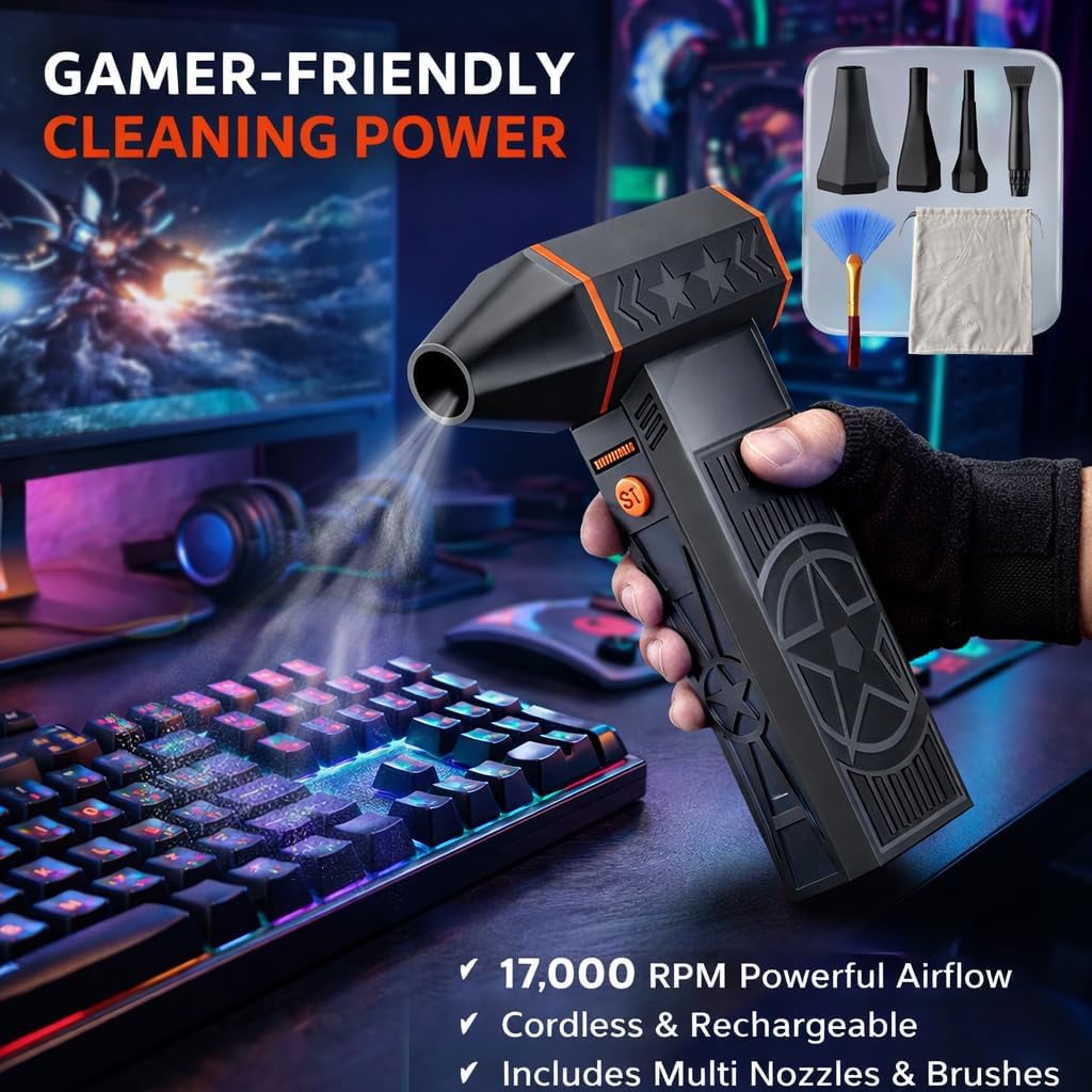 170000RPM Electric Air Duster Rechargeable Cordless Cleaner for Gaming Setup Keyboard PC Console Repair Tool with Multi Nozzles Compressed Air Alternative