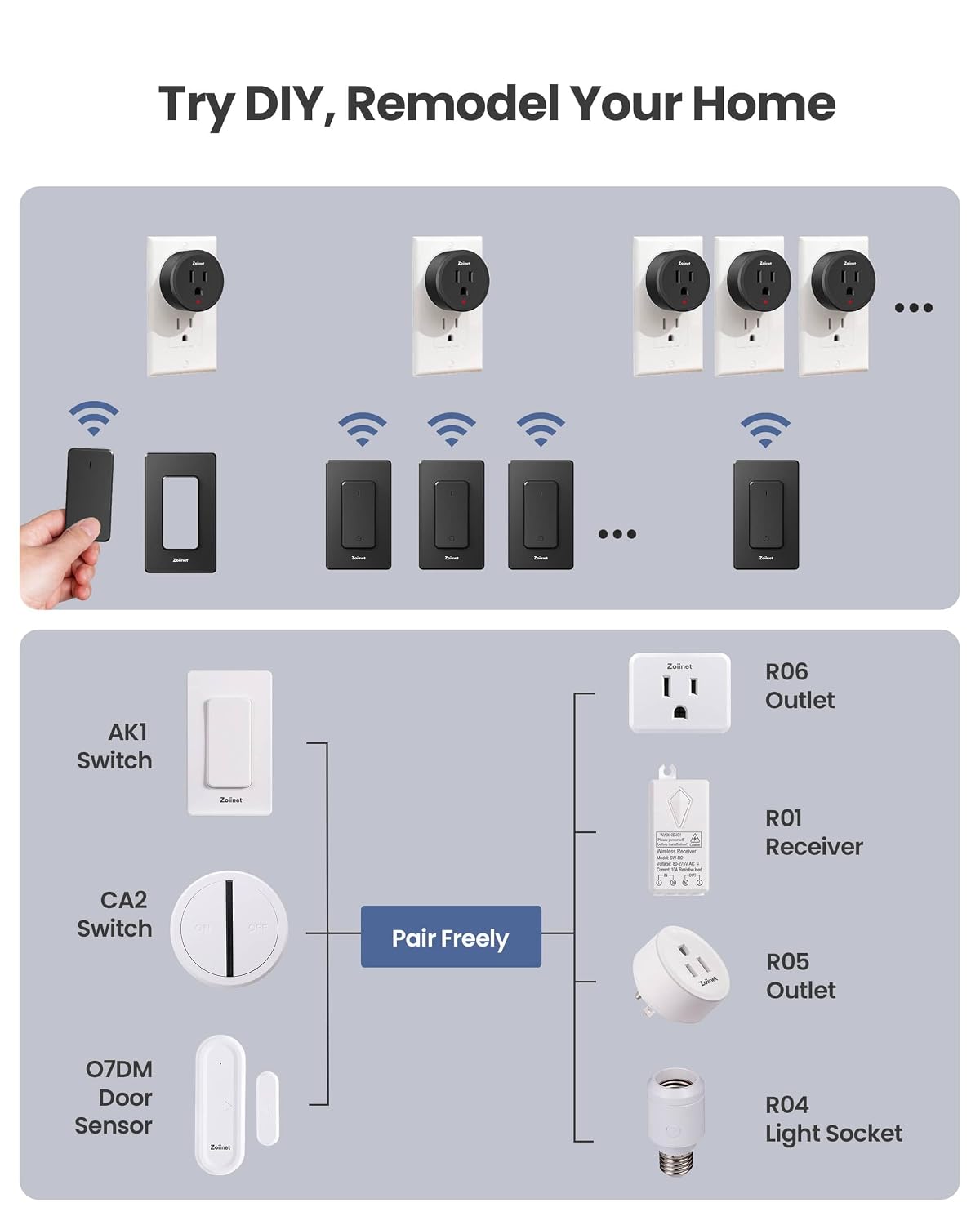 Zoiinet Remote Control Outlet Plug Switch, Buckle Design & Removable Wireless Light Switch, 300 ft, 1500W On Off Power Switch for Household Appliances, No Wiring No WiFi, Programmable, Black