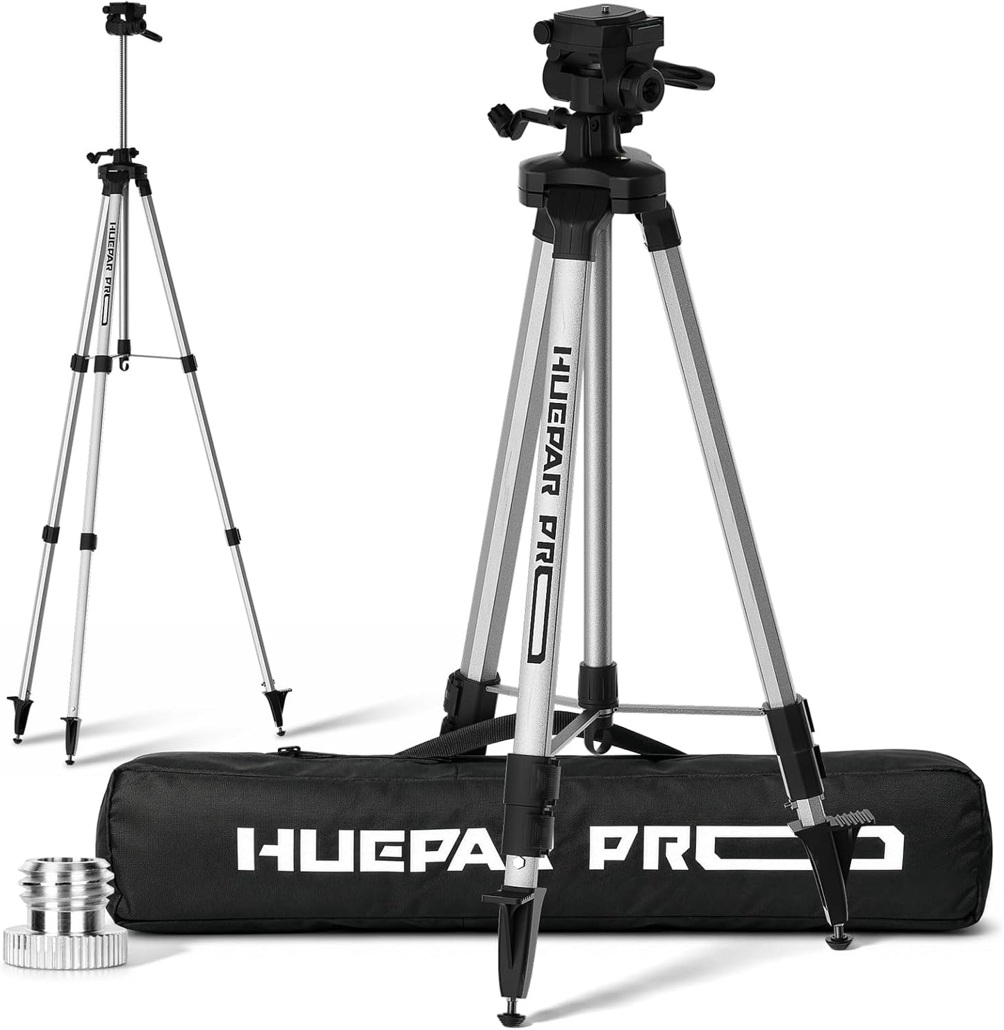 Huepar Pro PT250 100-Inch Laser Level Tripod, 1/4"-20 & 5/8"-11 Mounts | 40-100in Adjustable Height, Thickened Aluminum, Rubber/Spike Feet, 360° Pan, 90° Tilt, 5/8"-11 Adapter, Carry Bag