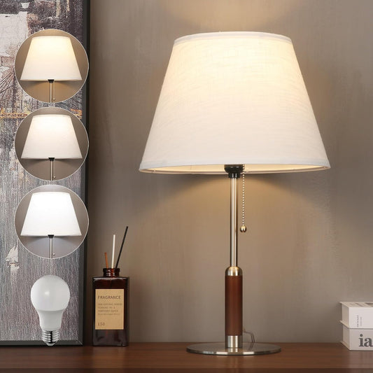 21" Modern Bedside Lamp Mid Century Table Lamp, Pull Chain Nightstand Lamp for Bedroom Living Room 3-Color Light, Solid Wood/Metal/Fabric for Home/Office/Desk Decor(Off White+Brushed Nickel)
