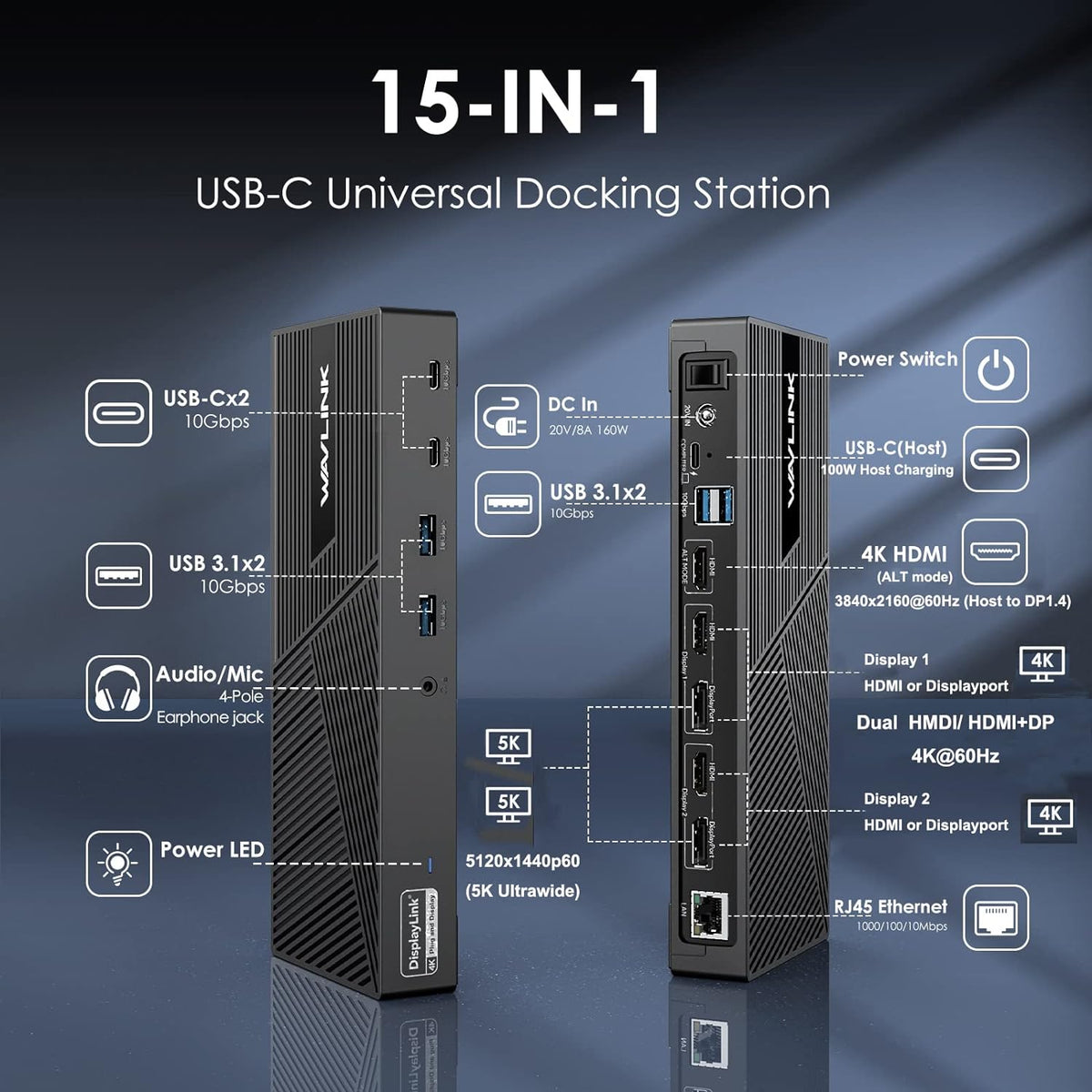 WAVLINK DisplayLink Docking Station Triple Monitor 4K@60Hz for 3 Monitors, 100W Charging for Thunderbolt 5/4/3, USB C M1-M5 Mac/MacBook Neo/Windows- 3 HDMI, 2 DP, 6 USB Ports, 160W Power, LAN, Audio