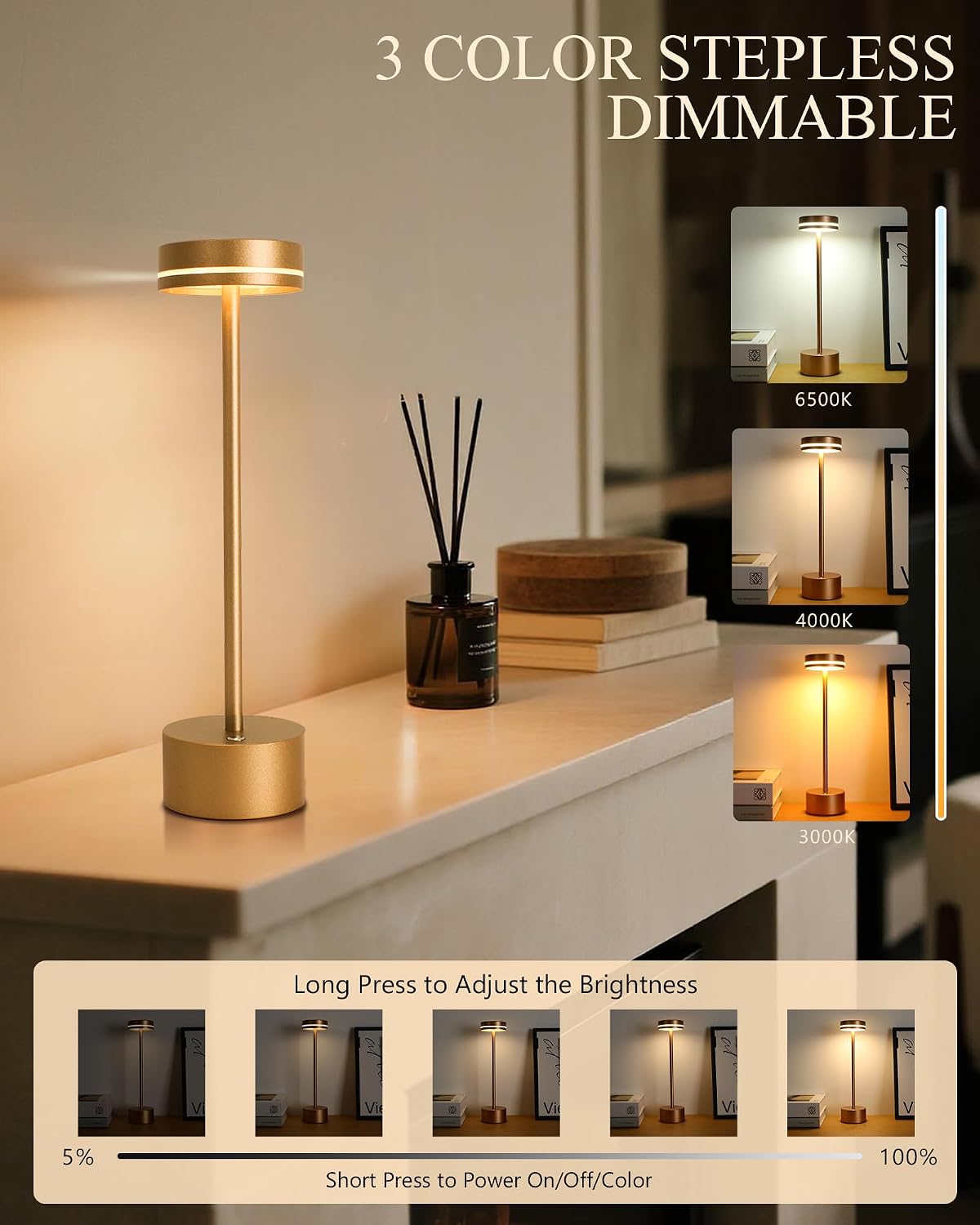 2 Pack LED Cordless Table Lamp Rechargeable, 5000mAh Portable Battery Operated Desk Touch Lamp, 3 Color Dimmable Table Light for Home Office/Dining/Nightstand for Home Décor – Champagne Gold