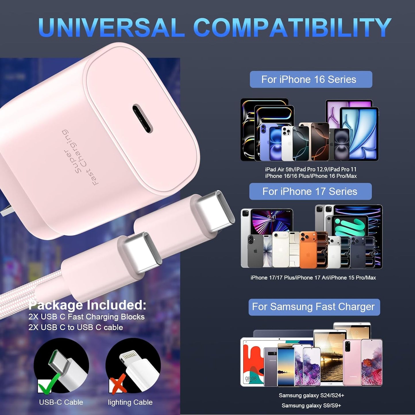 Phone 16 15 Charger Fast Charging,30W Type C Chargers USB C Charge Block with 2 Pack 10FT USB C Cable Nylon Braided for Phones 16/16 Plus/16 Pro/16 Pro Max/Phone 15/15 Pro Max/Pad Pro/AirPods,Pink
