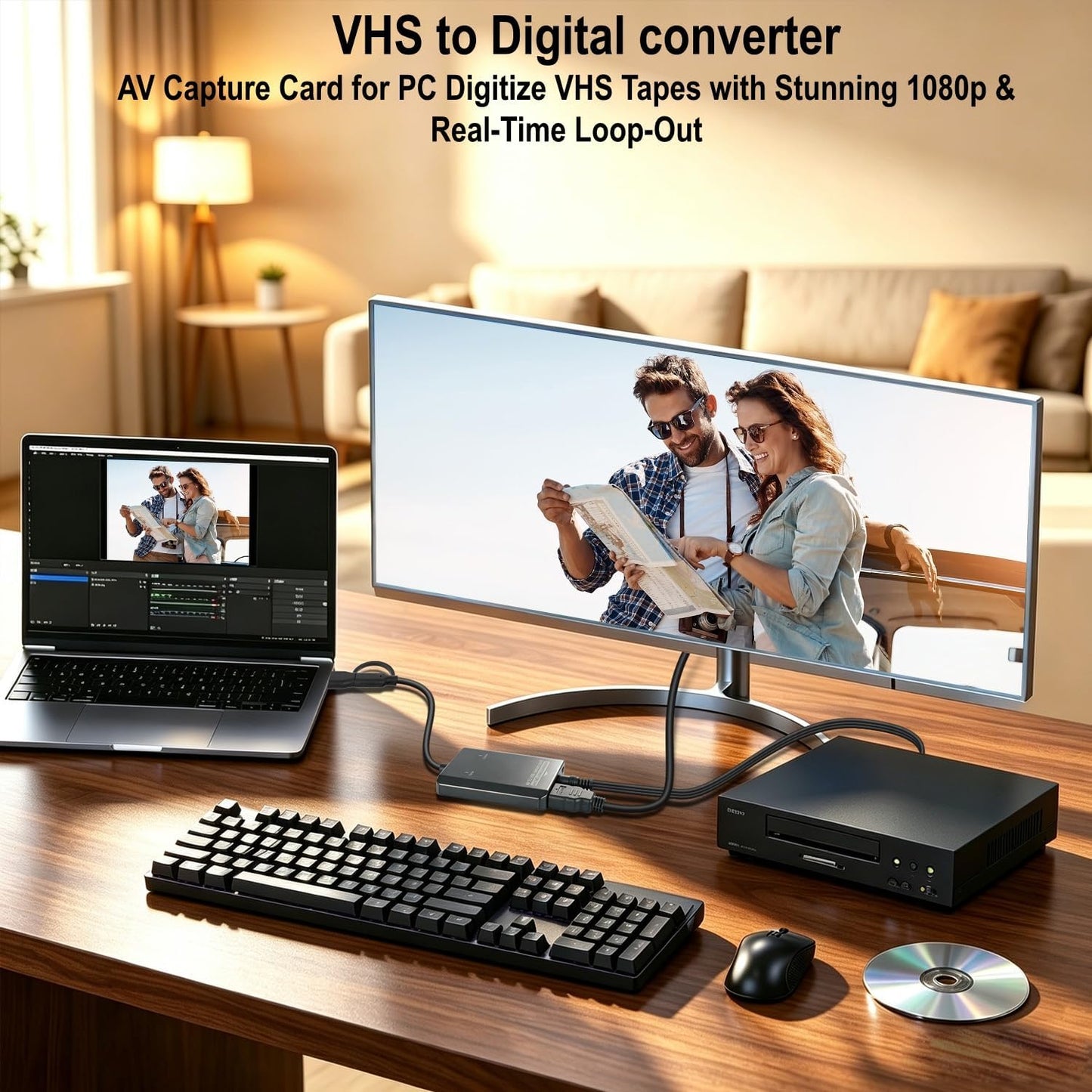 VHS to Digital Capture Card – USB 1080P Video Capture Card with HDMI Loop Out, RCA AV to USB C/A for VCR/Hi8/DVD/PS2/Wii, Analog to Digital Converter, Effortless Record & Preview Old Videos on TV/PC