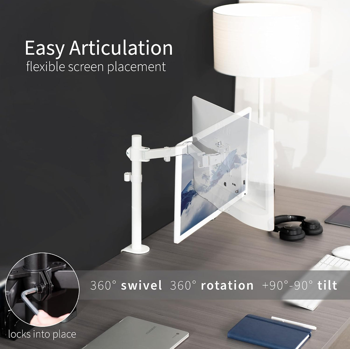 VIVO Single Monitor Arm Desk Mount, Holds Screens up to 32 inch Regular and 38 inch Ultrawide, Fully Adjustable Stand with C-Clamp and Grommet Base, VESA 75x75mm or 100x100mm, White, STAND-V001W