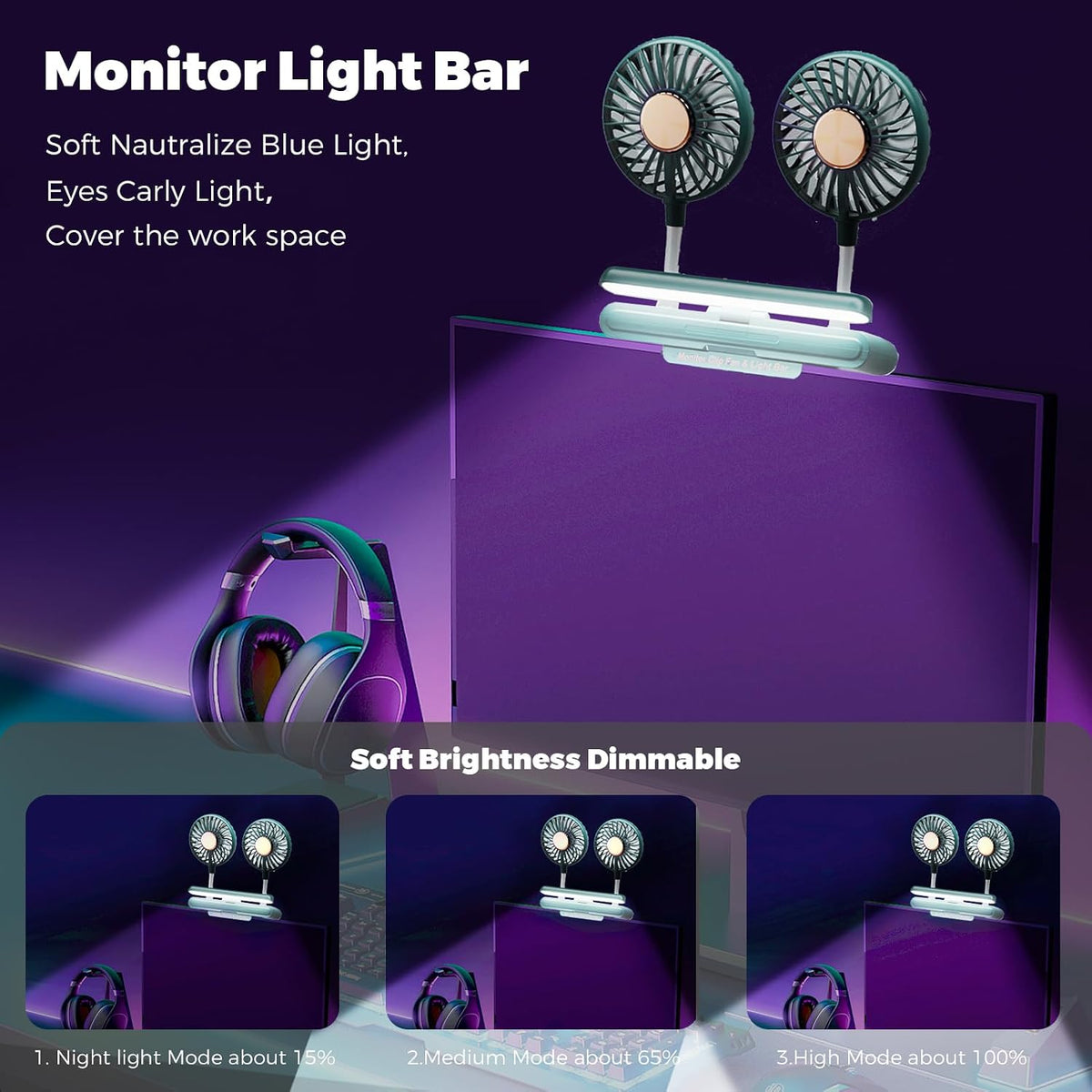 Monitor fan with lamp Office Quiet USB Fan for Working (Forest Green)