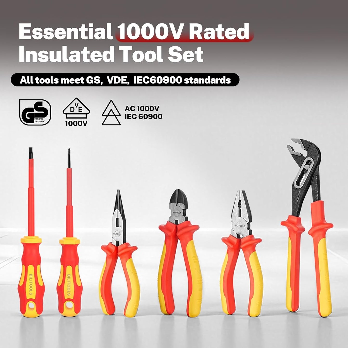 BILITOOLS 12-Piece 1000V VDE Insulated Screwdriver and Pliers Set | Magnetic Slotted and Phillips Tips, Insulated Long Nose, Combination, Diagonal and Water Pump Pliers, Voltage Tester
