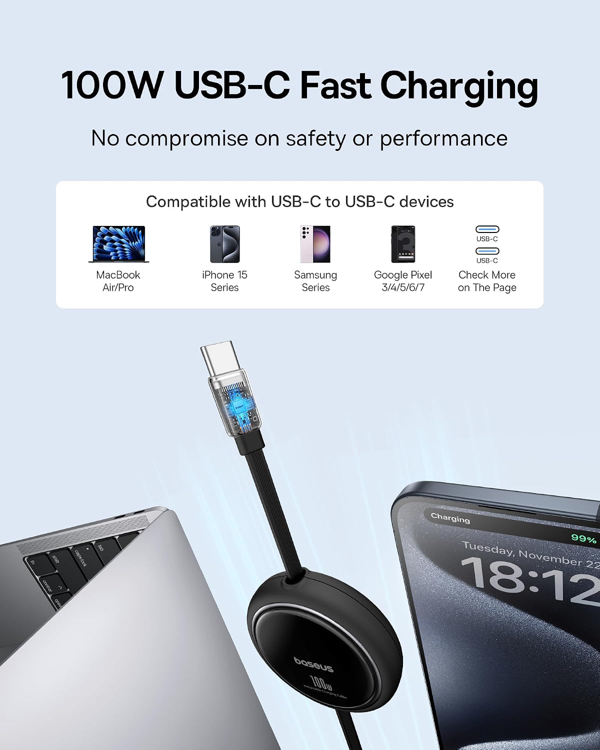 Baseus USB C to USB C Cable, 100W Retractable USB C 5A Fast Charging Cable, 4-Stage Length Preset USB Type C Charger Cord for iPhone 17 16 Pro Plus Pro Max, MacBook, iPad, Samsung S24/S23+ (3.3ft)