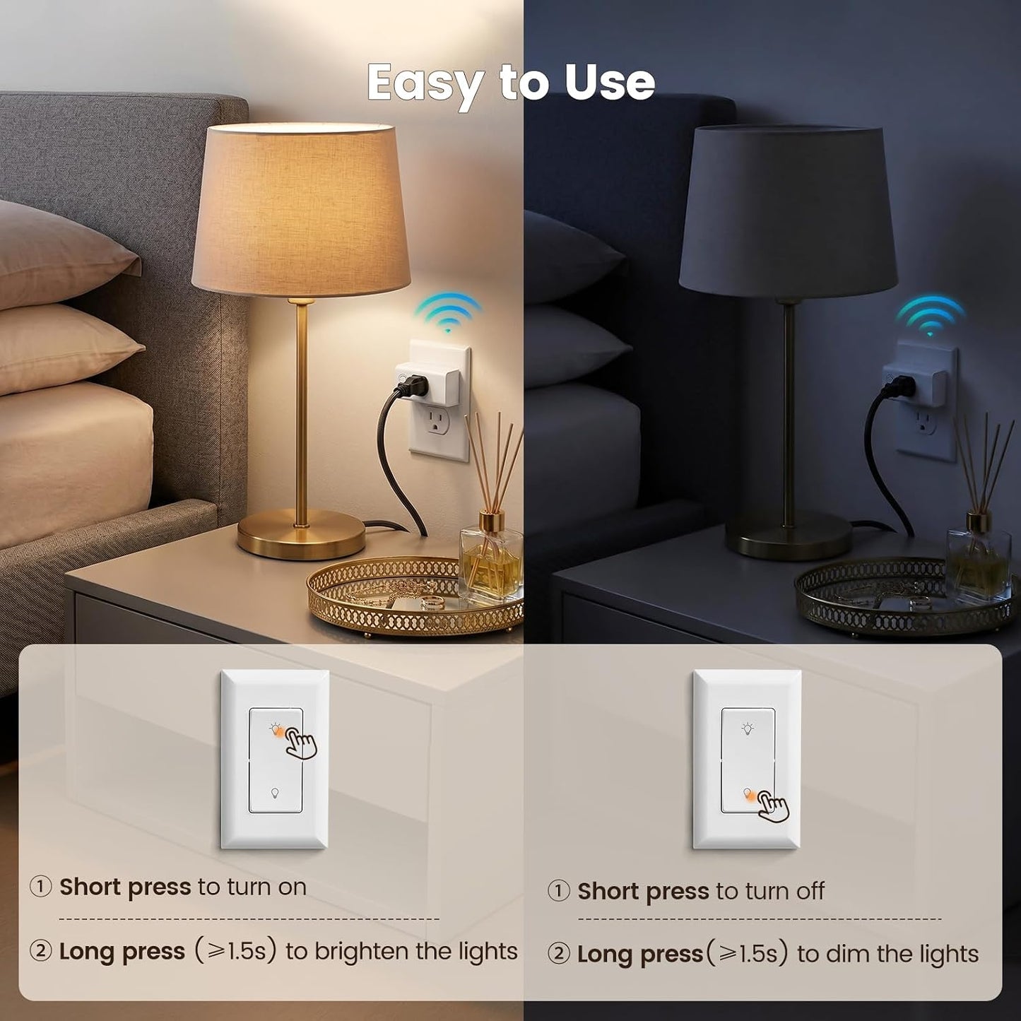 SURAIELEC Dimmer Light Switch, Dimmer Plug with Wall Switch Remote for Dimmable Tungsten and LED Bulbs, 200FT RF Range, Wireless Remote Control Outlet Fit for Plug in Pendant Lamp, String Lights