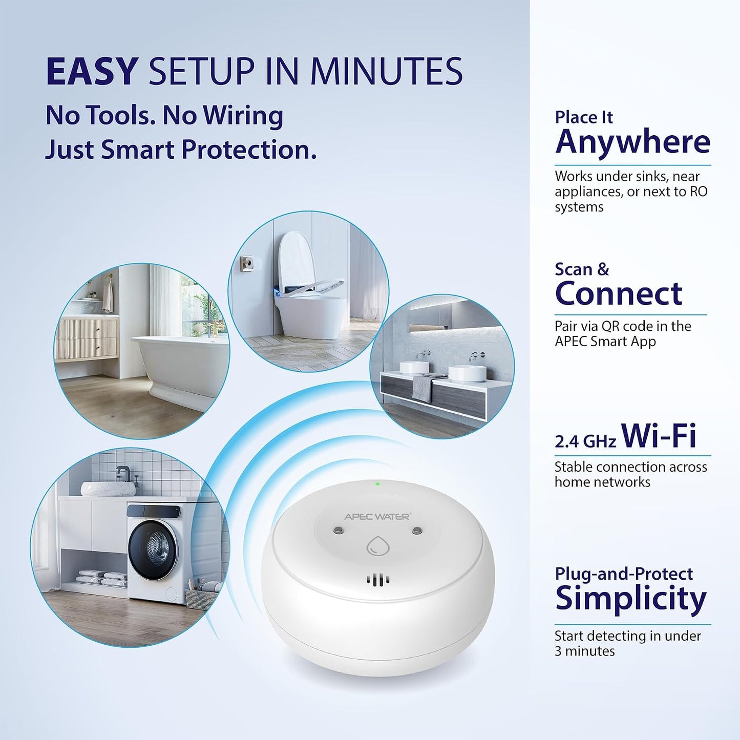 APEC Water WiFi Water Leak Detector, Dual Sensor, Pack of 1 | App Connected for Real-Time Alerts, Seamless Smartphone Integration, Trusted Reliability, White Color Housing