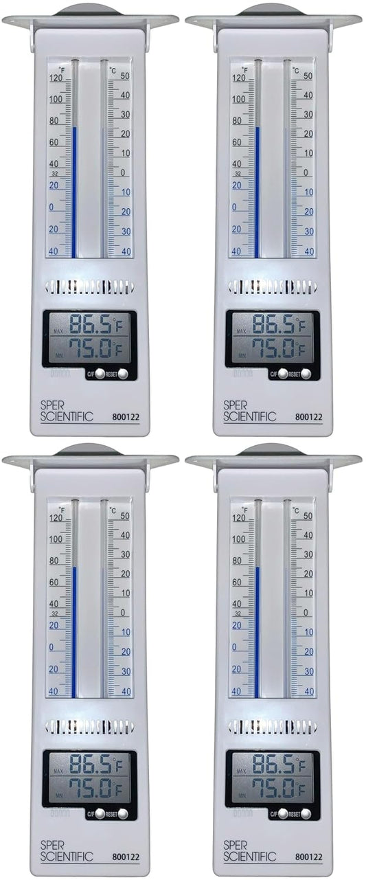 Sper Scientific Analog & Digital Min/Max Thermometer 800122 - Accurate Temperature Tracking, Weather-Resistant Design, Dual Display for Indoor & Outdoor Use, Ideal for Greenhouses, Labs & More - 4 pc