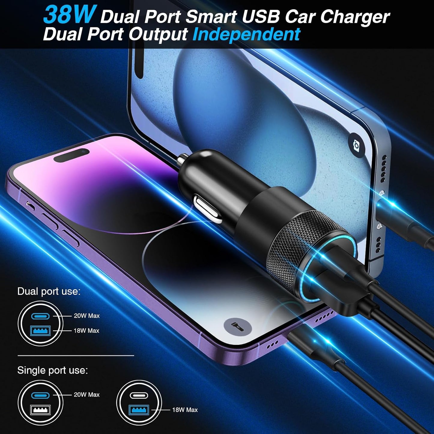 Car Charger, 5Pack 38W Dual Ports USB-C+USB-A Cigarette Lighter Adapter | Fast Charging Car Phone Charger for iPhone 17 Pro Max 16 16e 15 14, Samsung S24, Pixel Cargador para Carro Phone Plug