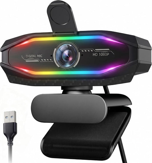 HD 1080P Gaming Webcam with Microphone,Streaming Camera Web Cam with RGB Light,Noise Cancellation, Privacy Cover,Plug and Play,Computer Camera for Desktop/Laptop,Video Calls/Conferencing/Streaming